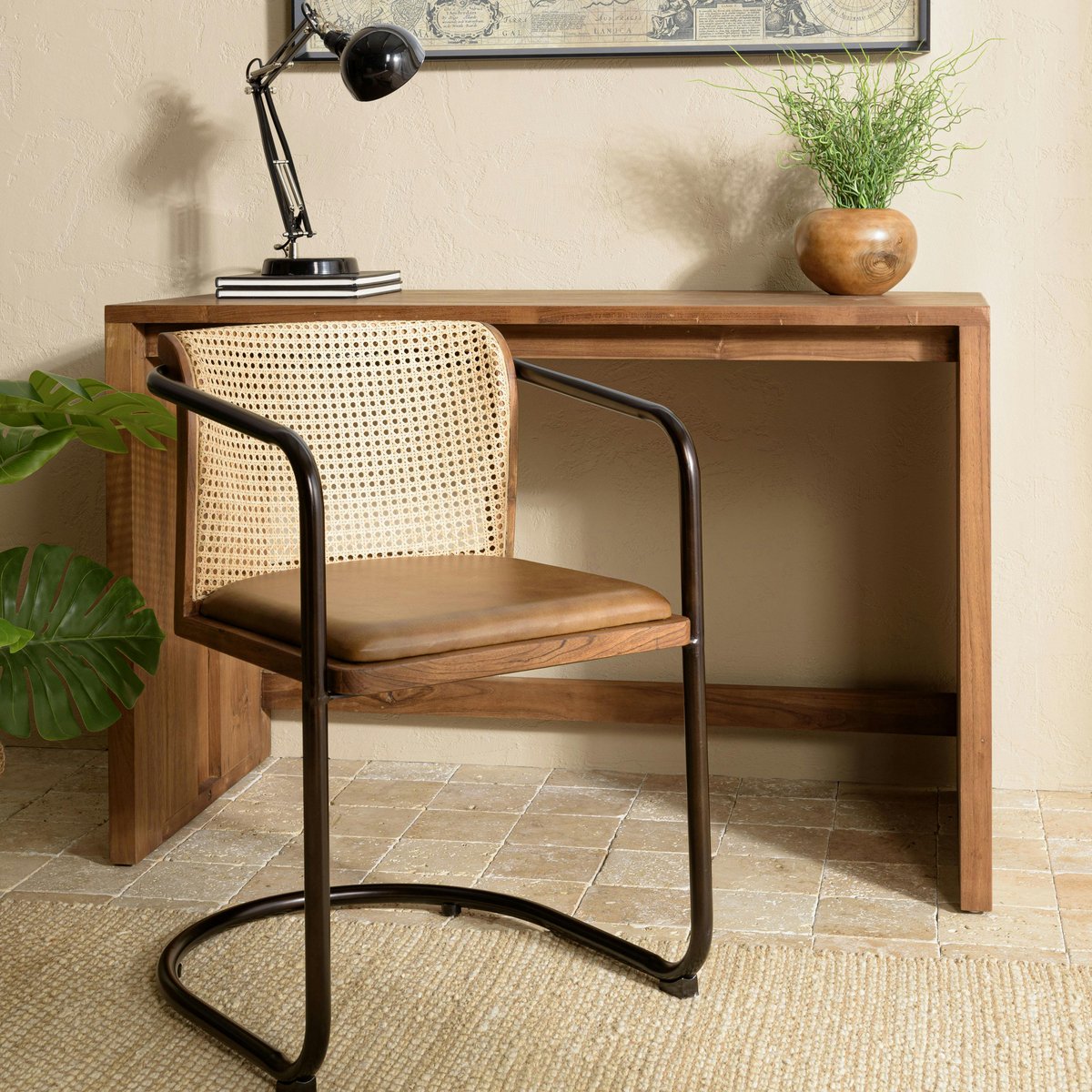 Fauteuil cuir et rotin havane pied luge arrondi (lot de 2) TIM marron, PIER IMPORT