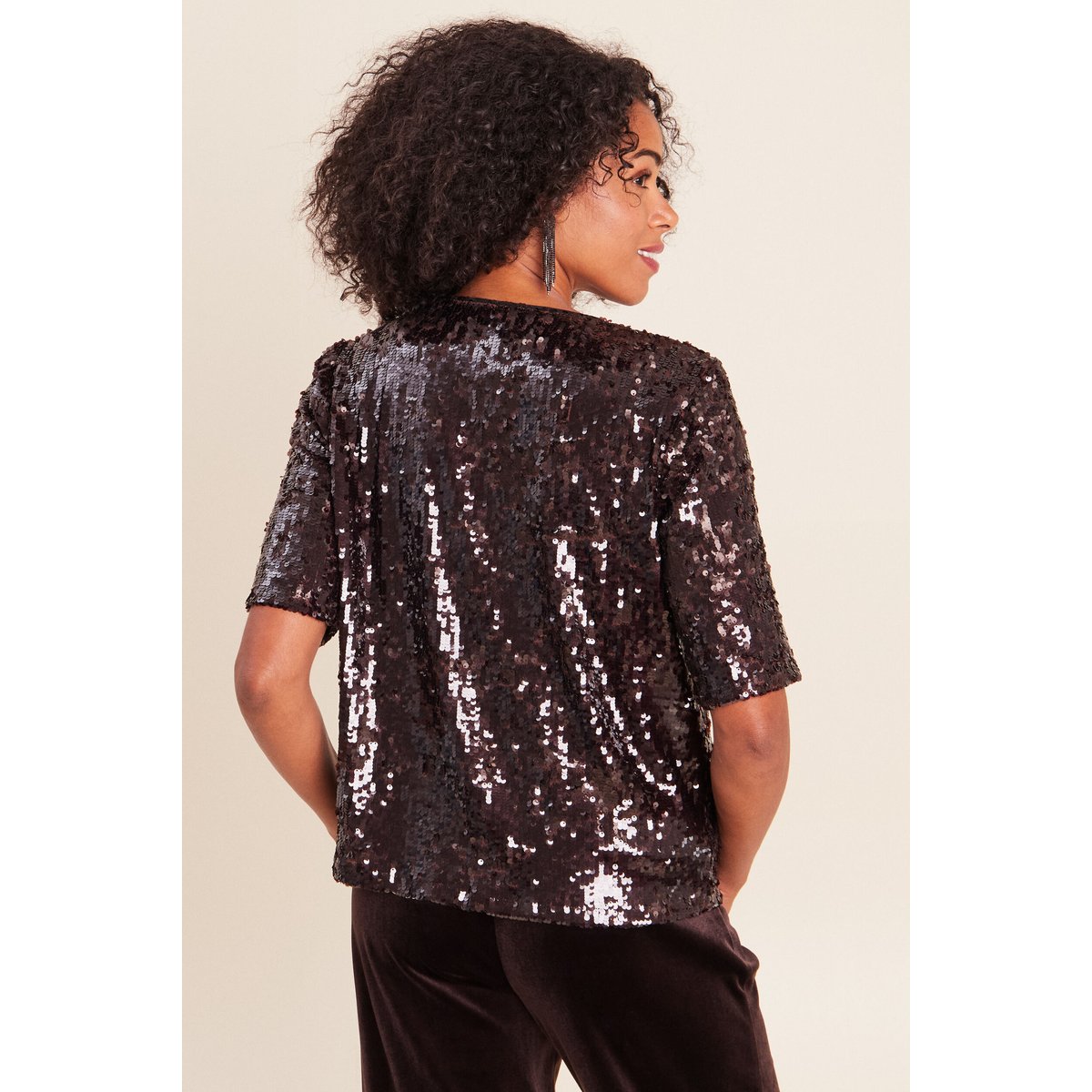 T-shirt à sequins manches courtes marron foncé, BREAL