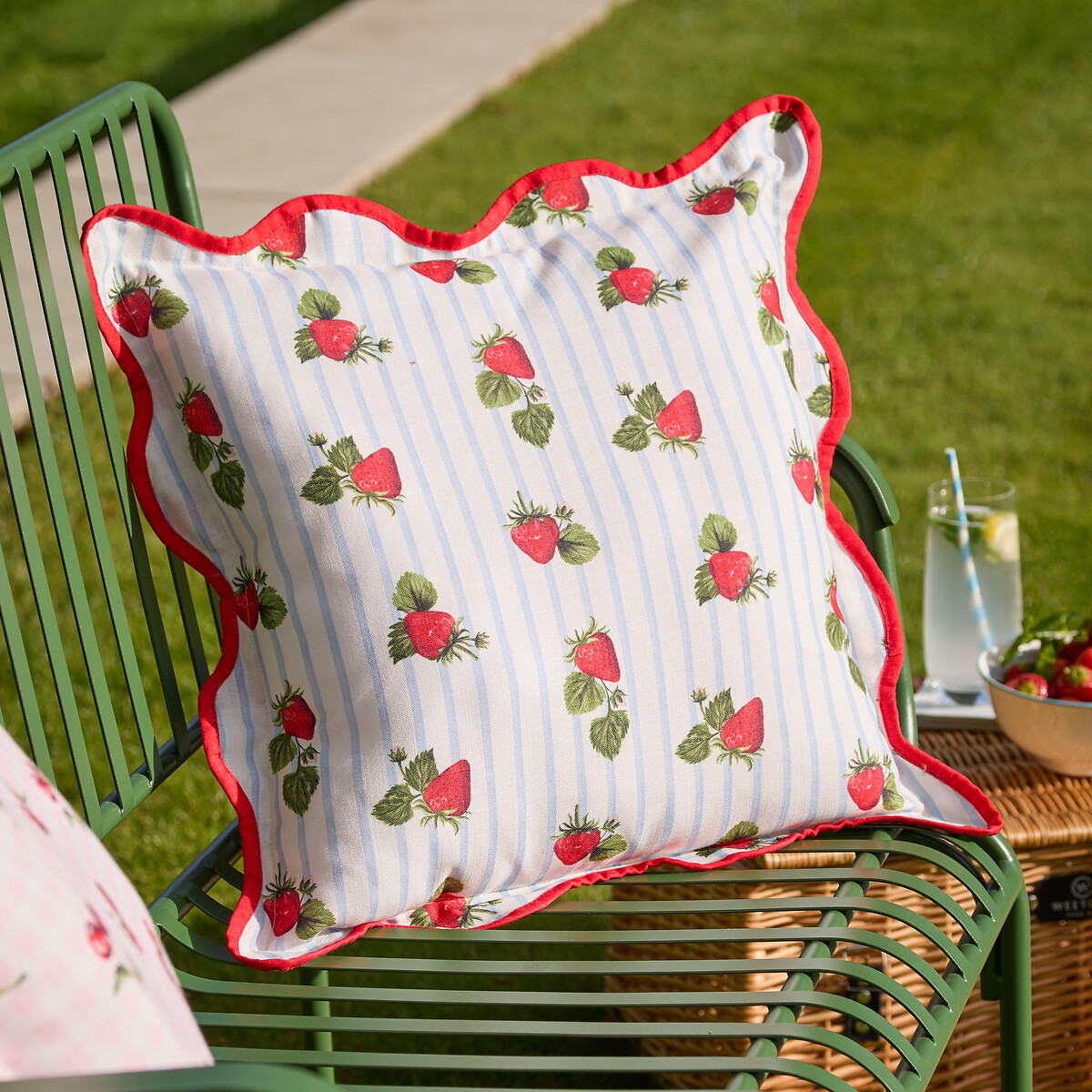 Fruits Strawberries Striped Outdoor Cushion blue, FURN.