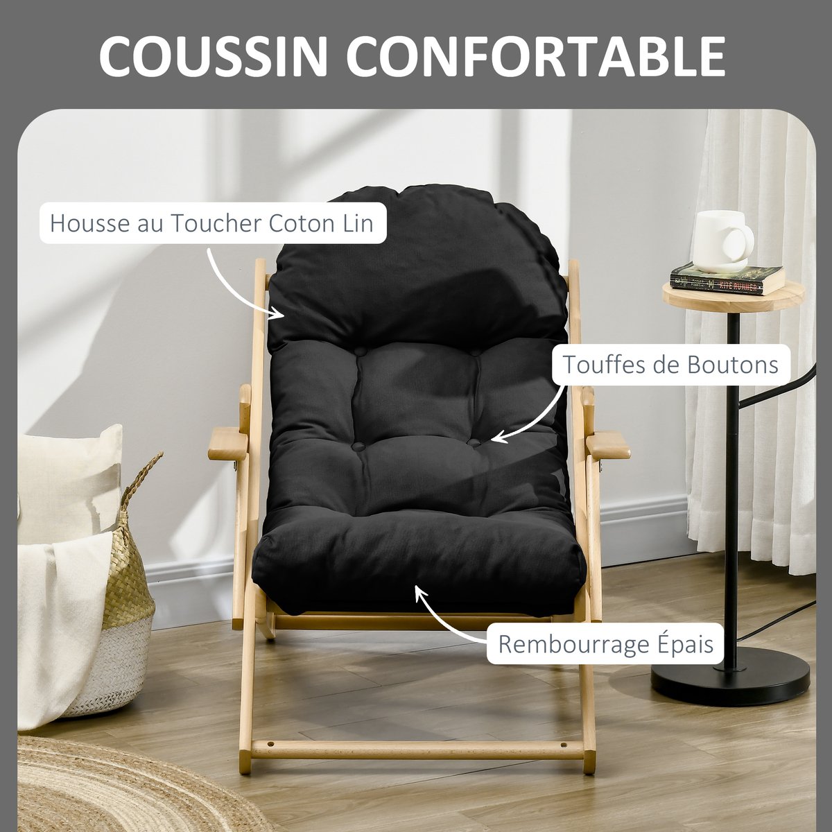 Accent Chair Bois d'hévéa Noir noir, HOMCOM