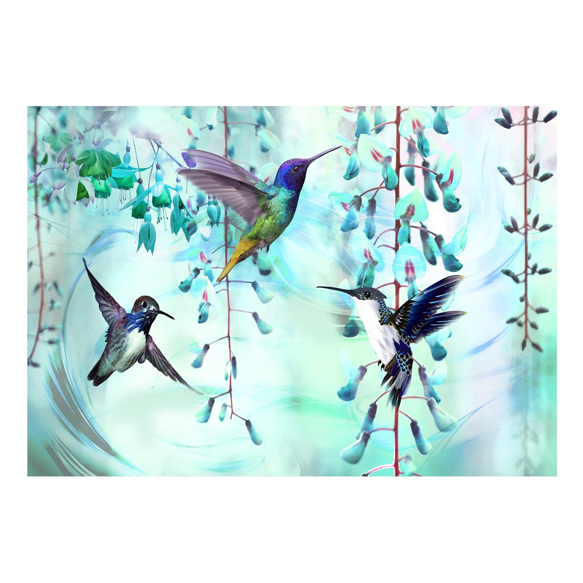 Papier peint intissé panoramique Animaux Flying Hummingbirds (Green) blanc, EDEN