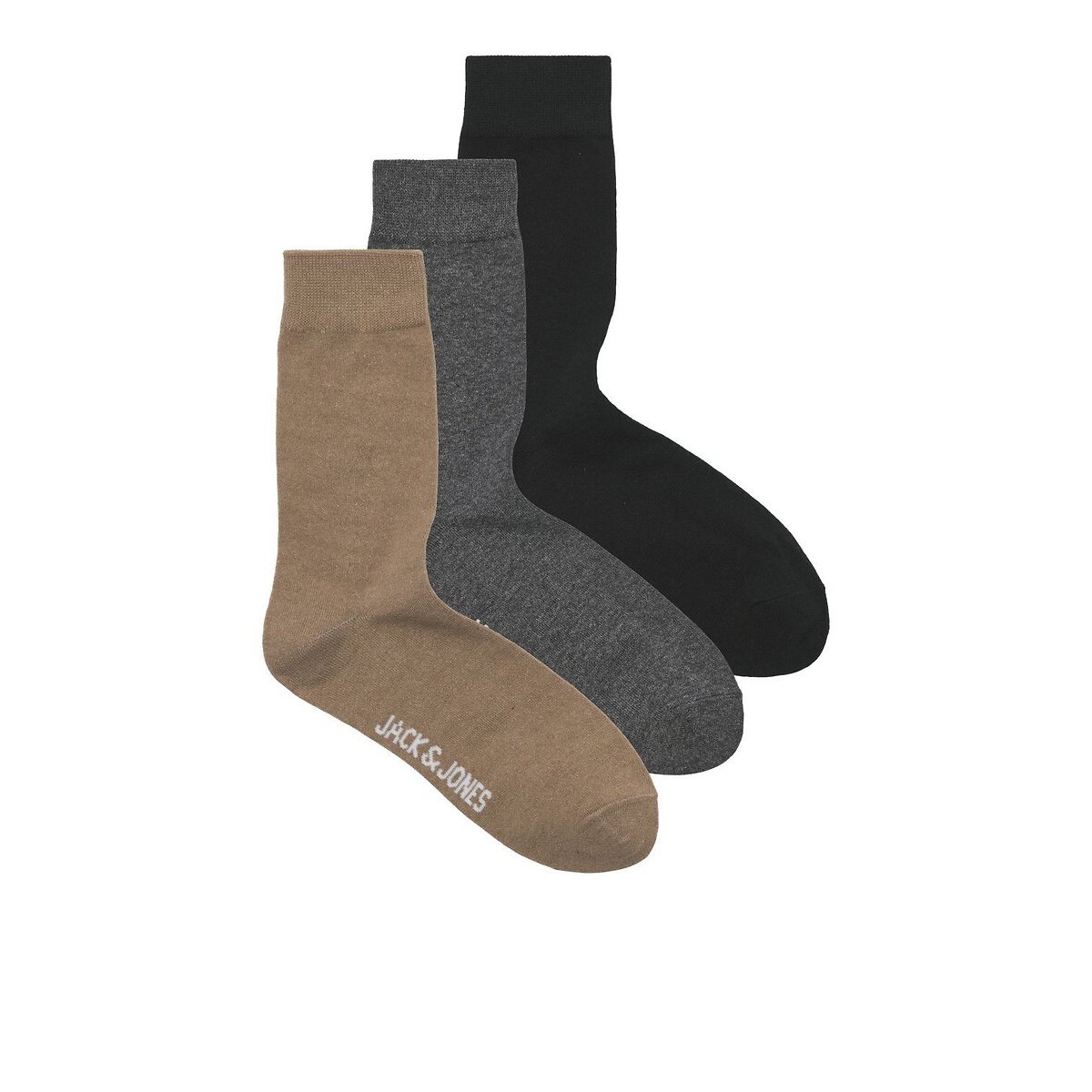 Lote de 3 pares de calcetines altos lisos negro + gris + camel, JACK & JONES