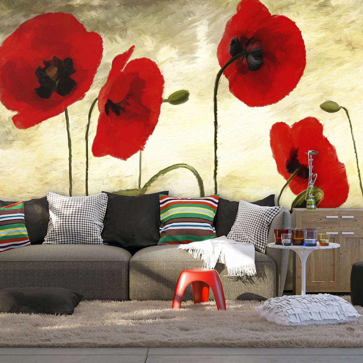 Papier peint intissé panoramique Fleurs Coquelicots peints à l'acrylique vert, EDEN