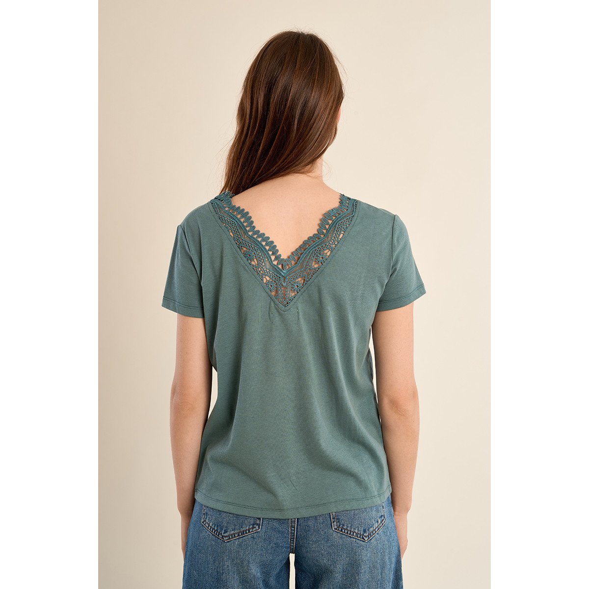T-shirt droit avec col brodé sage green, MOLLY BRACKEN
