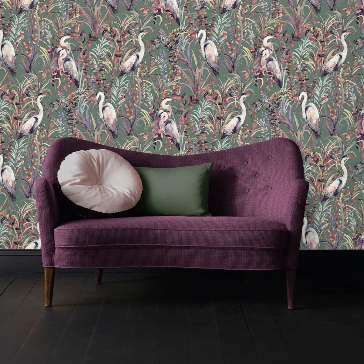 Papier peint Oiseau Héron tropical vert, rose, ocre, SUBLIME