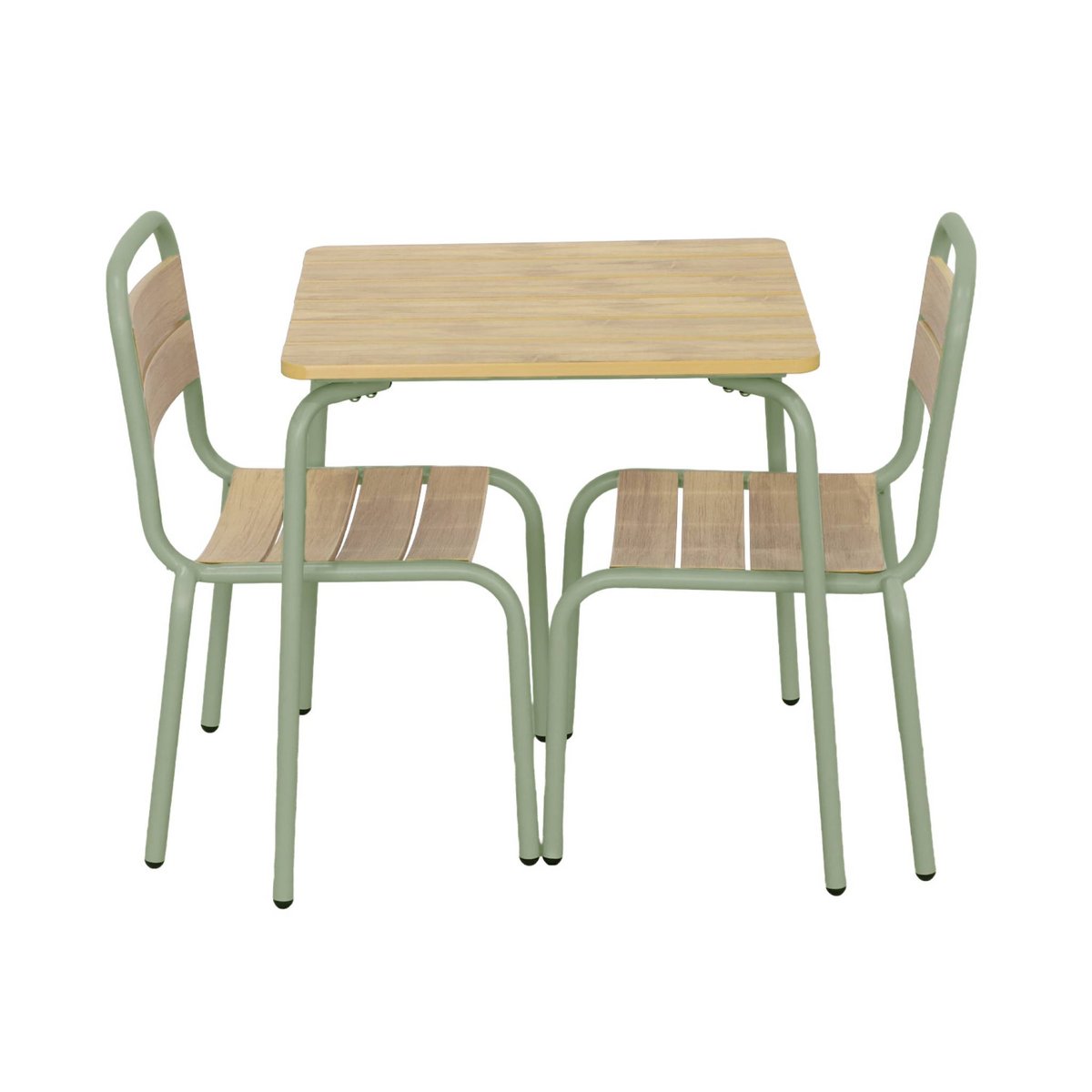 Table de jardin enfant acier et décor bois + 2 assises SUZIE 2 PLACES vert de gris, SWEEEK