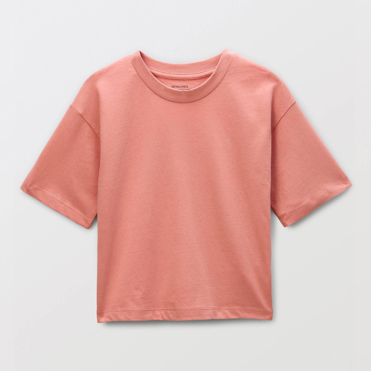 T shirt uni manches courtes en coton shrimp, MONOPRIX