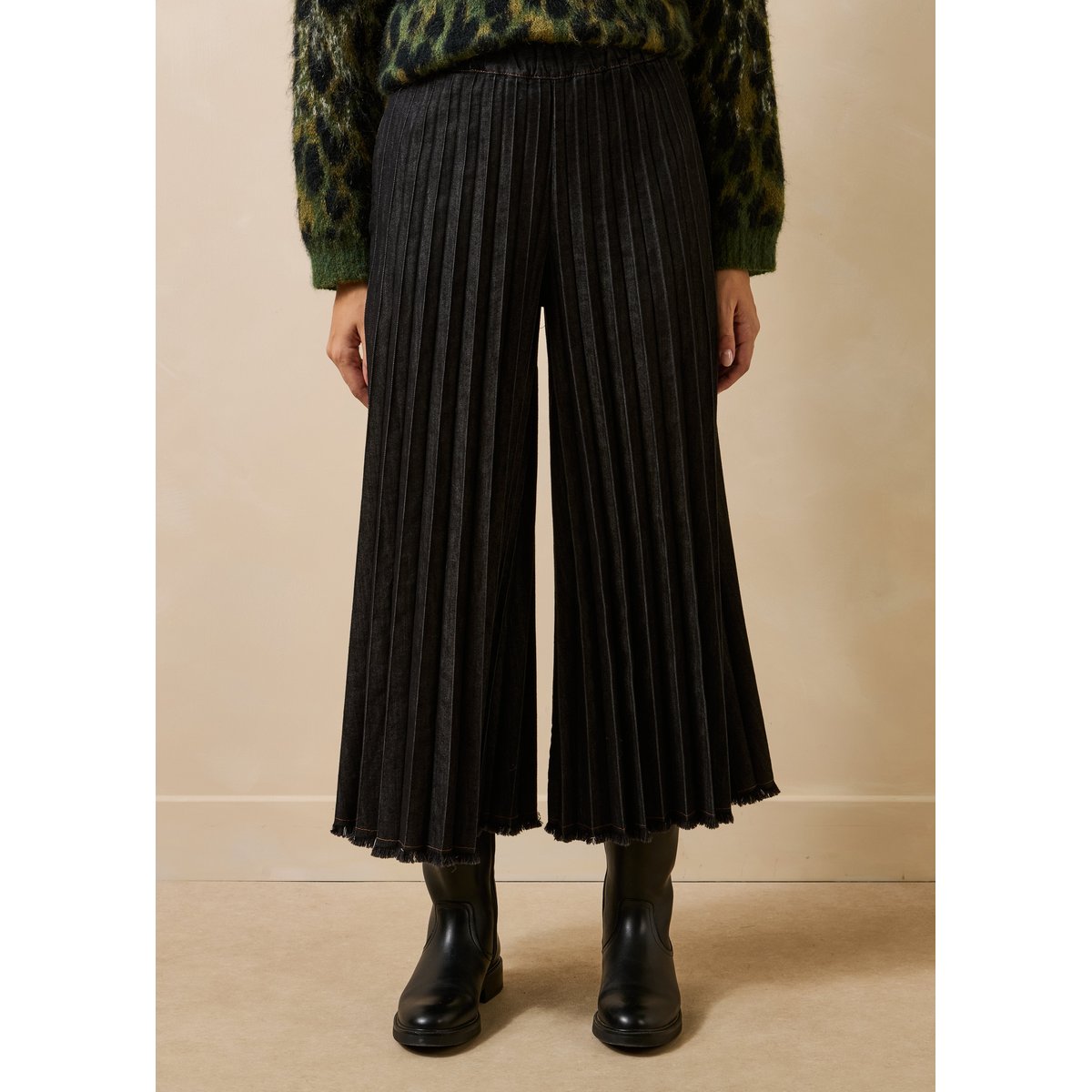 Pantalon jupe culotte en jean taille élastiquée noir, LA FEE MARABOUTEE