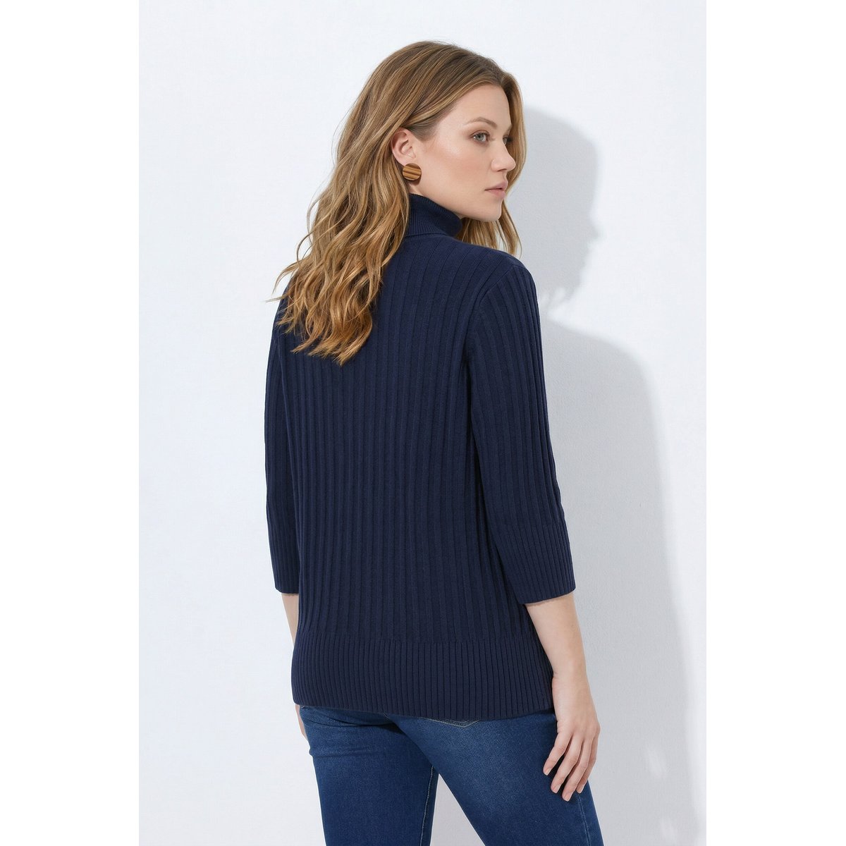 Pull col roulé en coton bio, manches 3/4 marine, ULLA POPKEN