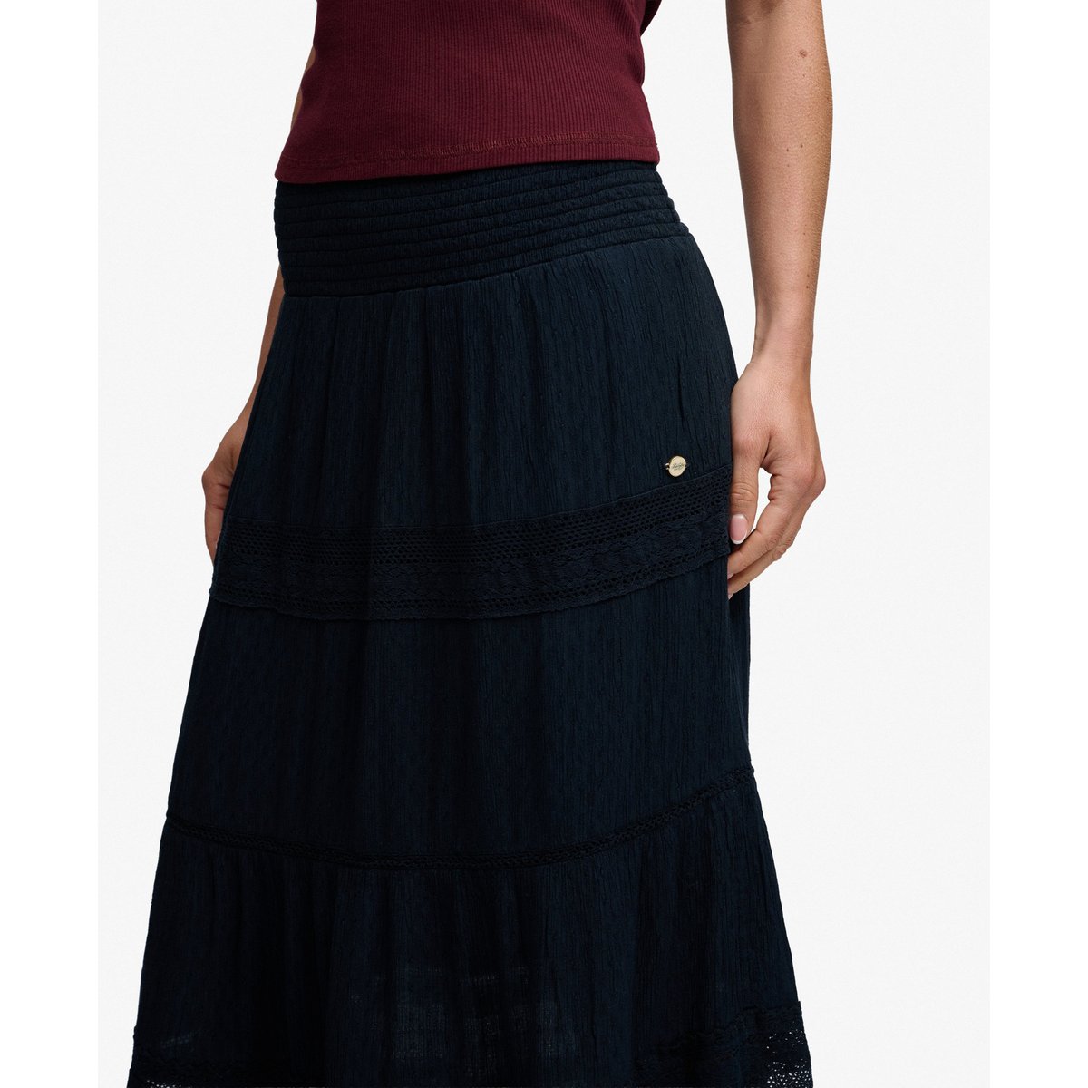 Jupe longue Ibiza ajourée ceinture smokée bleu marine éclipse, SUPERDRY