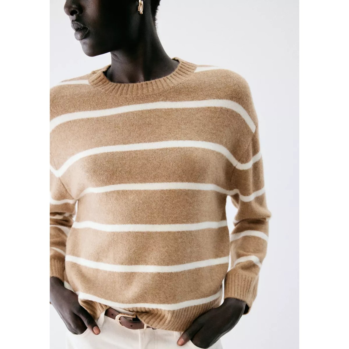 Pull-over rayé col rond marron moyen, MANGO