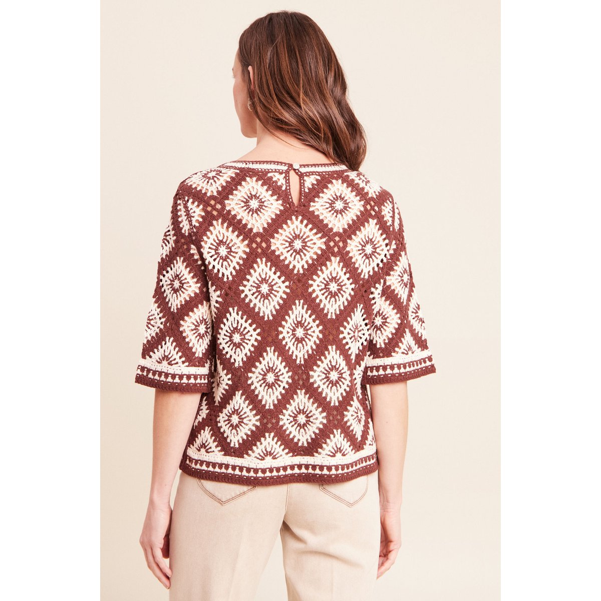 Pull en crochet col rond manches courtes marron, BREAL
