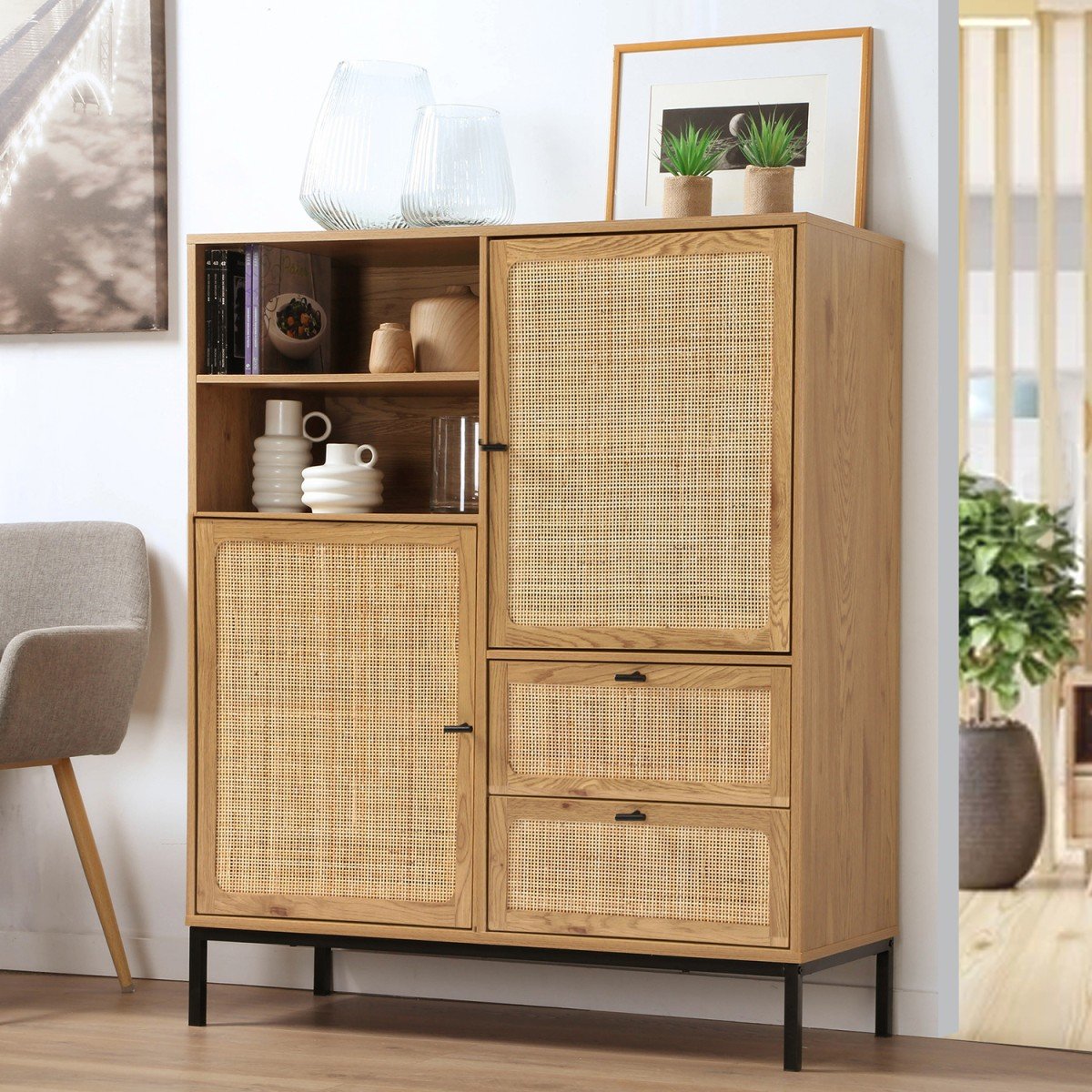 Buffet Haut avec Façades en Rotin Naturel - L100 x H120 cm - JAYA bois clair, CALICOSY