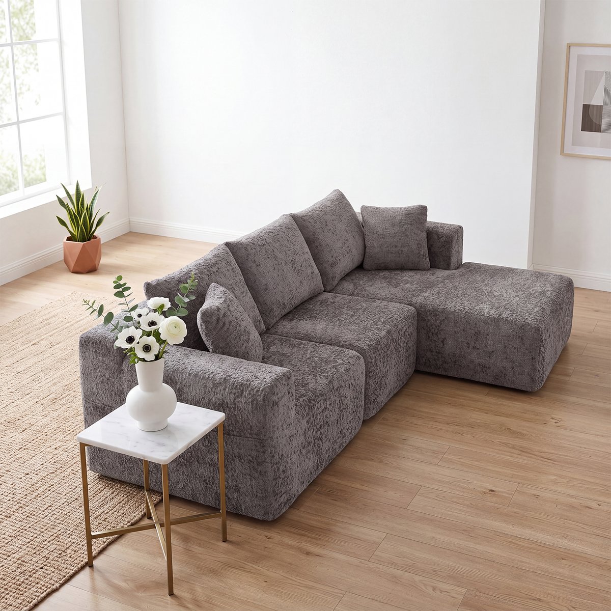 Canapé d'angle compressé 3 places en chenille, LANDIA gris, MEUBLES COSY
