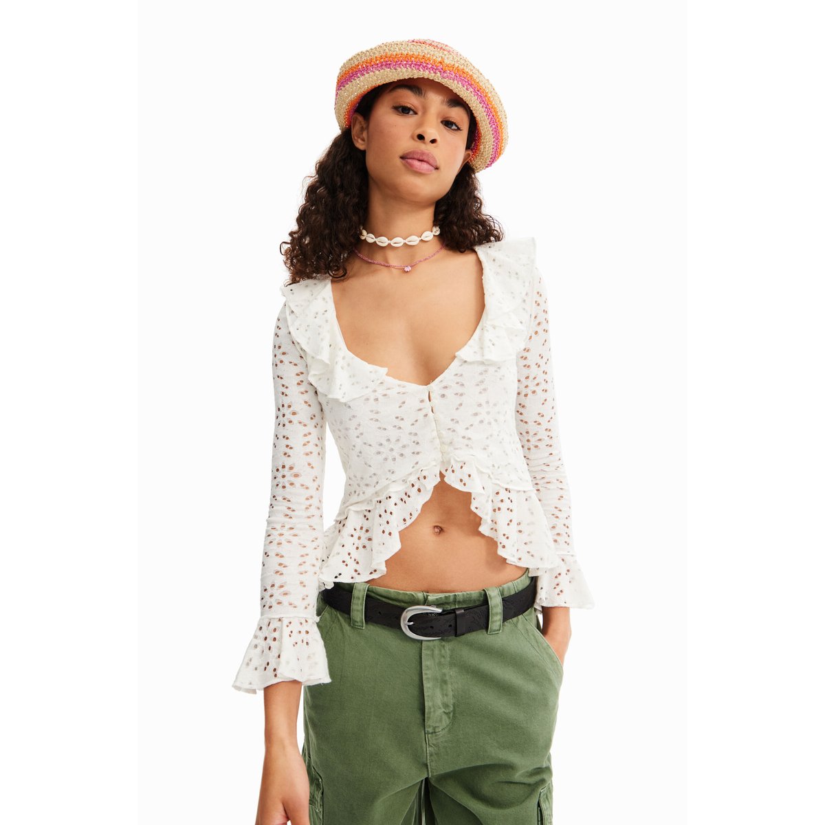 T-shirt manches longues volants beige, DESIGUAL