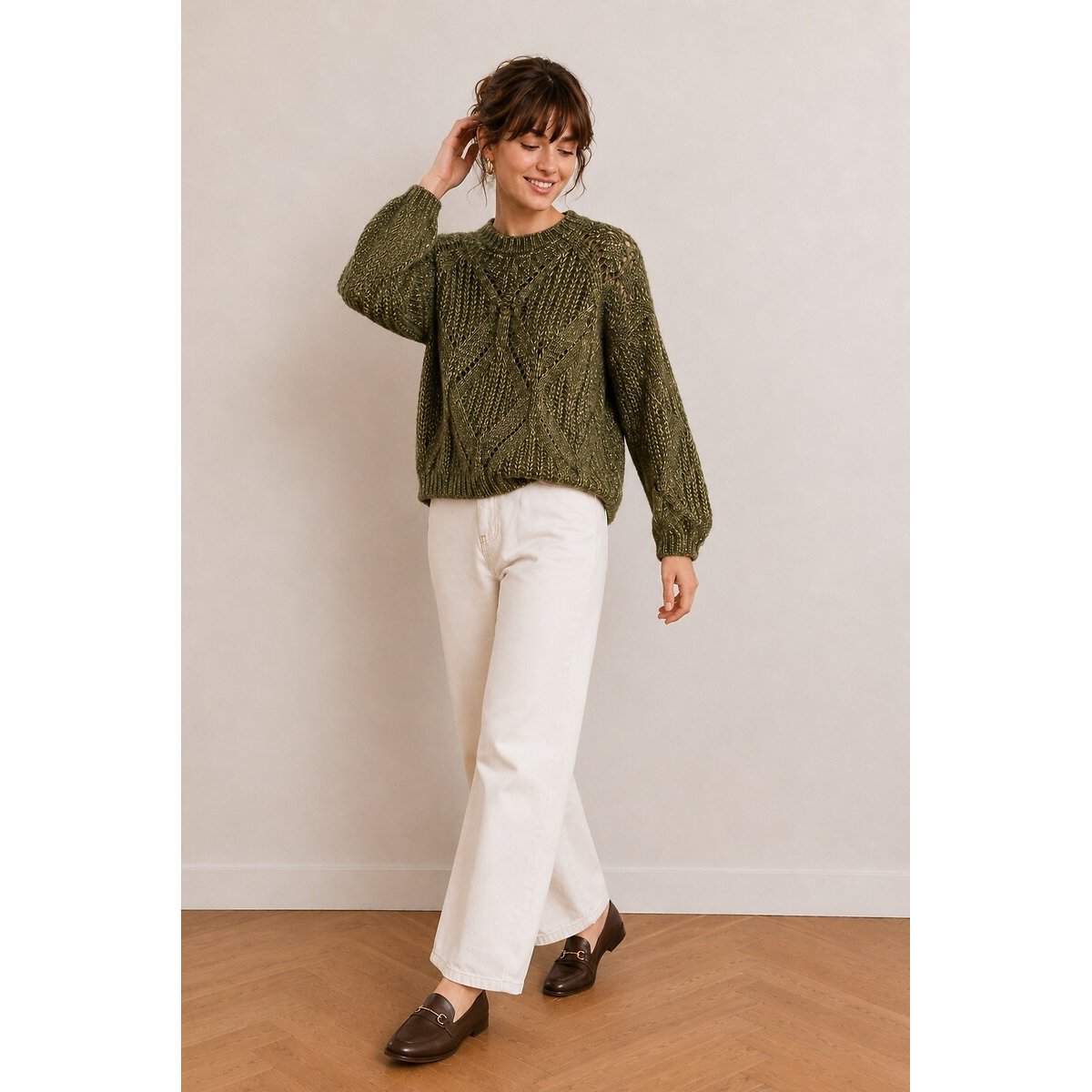 Maglione con motivo a trecce e effetto testurizzato verde kaki, SEE U SOON