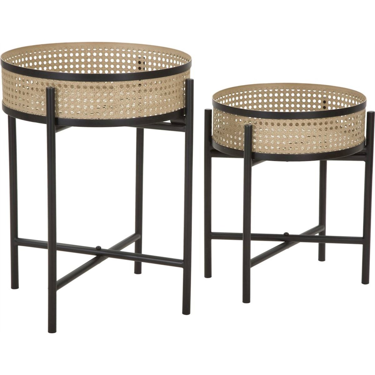 Set 2 tables rondes en fer effet cannage BOHO CHIC multicolore et noir, RECOLLECTION