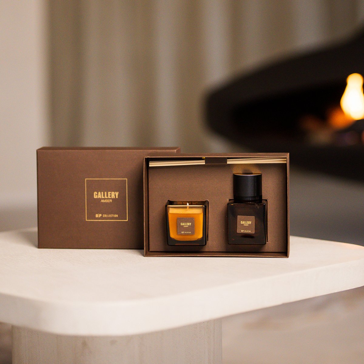 Coffret bougie et diffuseur de parfum Marron GALLERY parfum amber, SP COLLECTION