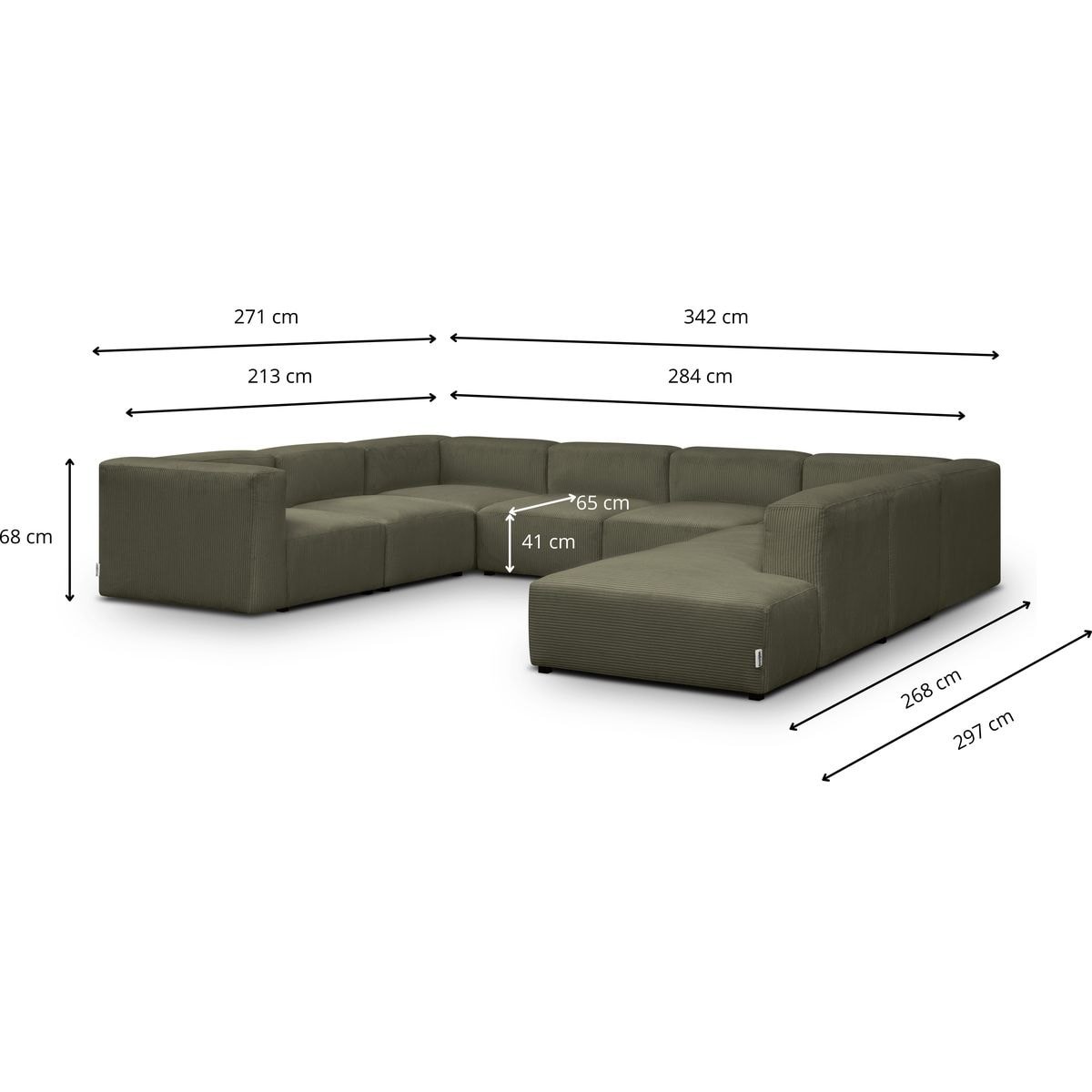Canapé modulable panoramique 12 places ouvert à droite en velours côtelé - MODULO vert kaki, HOMIFAB