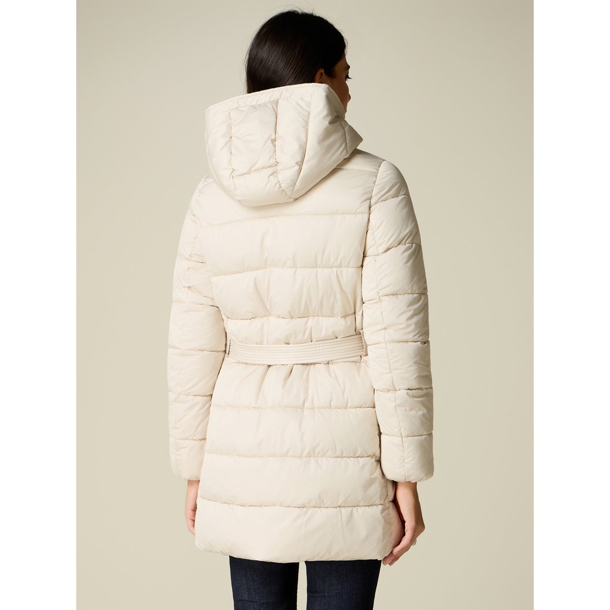 Doudoune mi-longue avec ceinture et capuche blanc, OLTRE