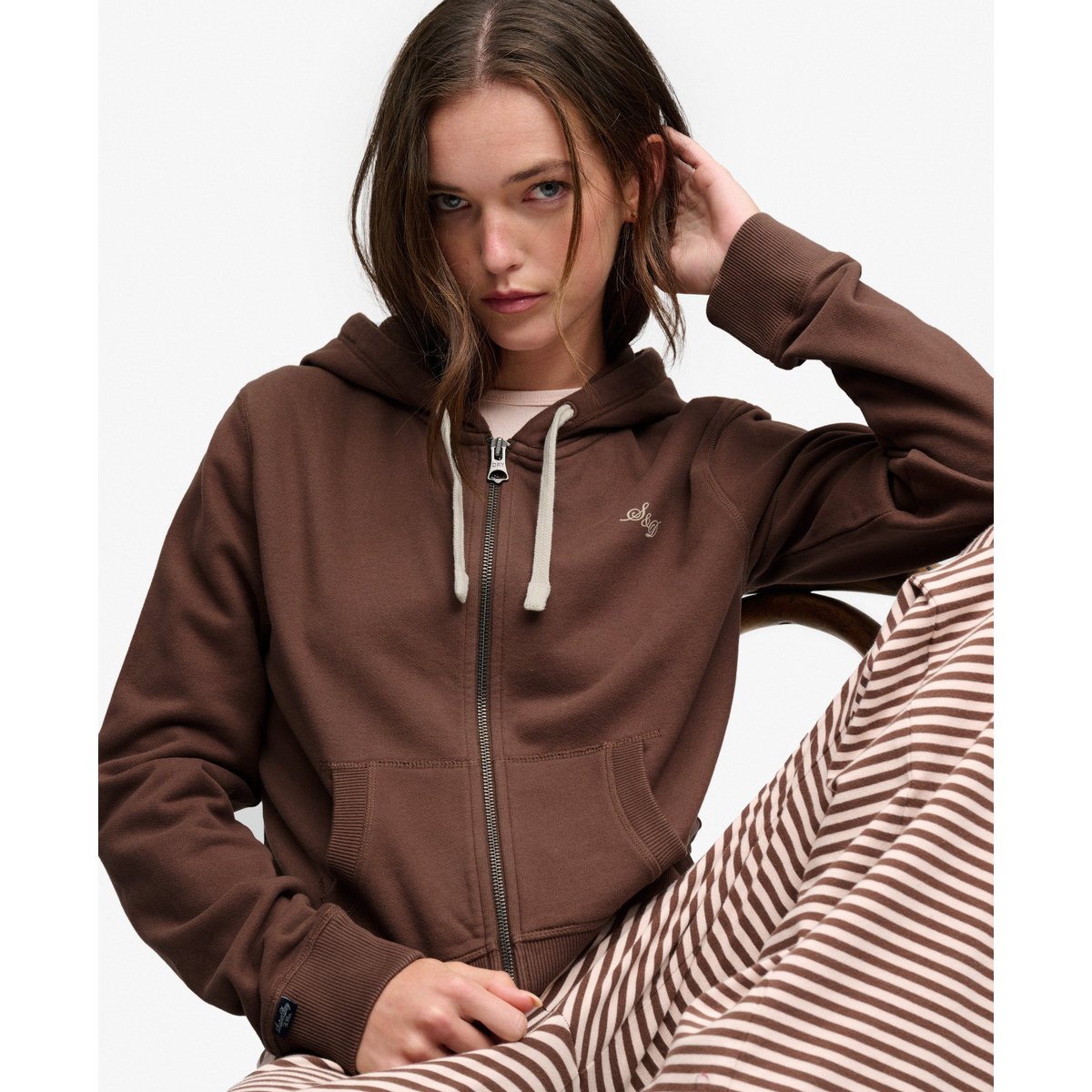 Sweat zippé à capuche Athletic Essentials Crop Coupe Décontractée marron châtaigne, SUPERDRY