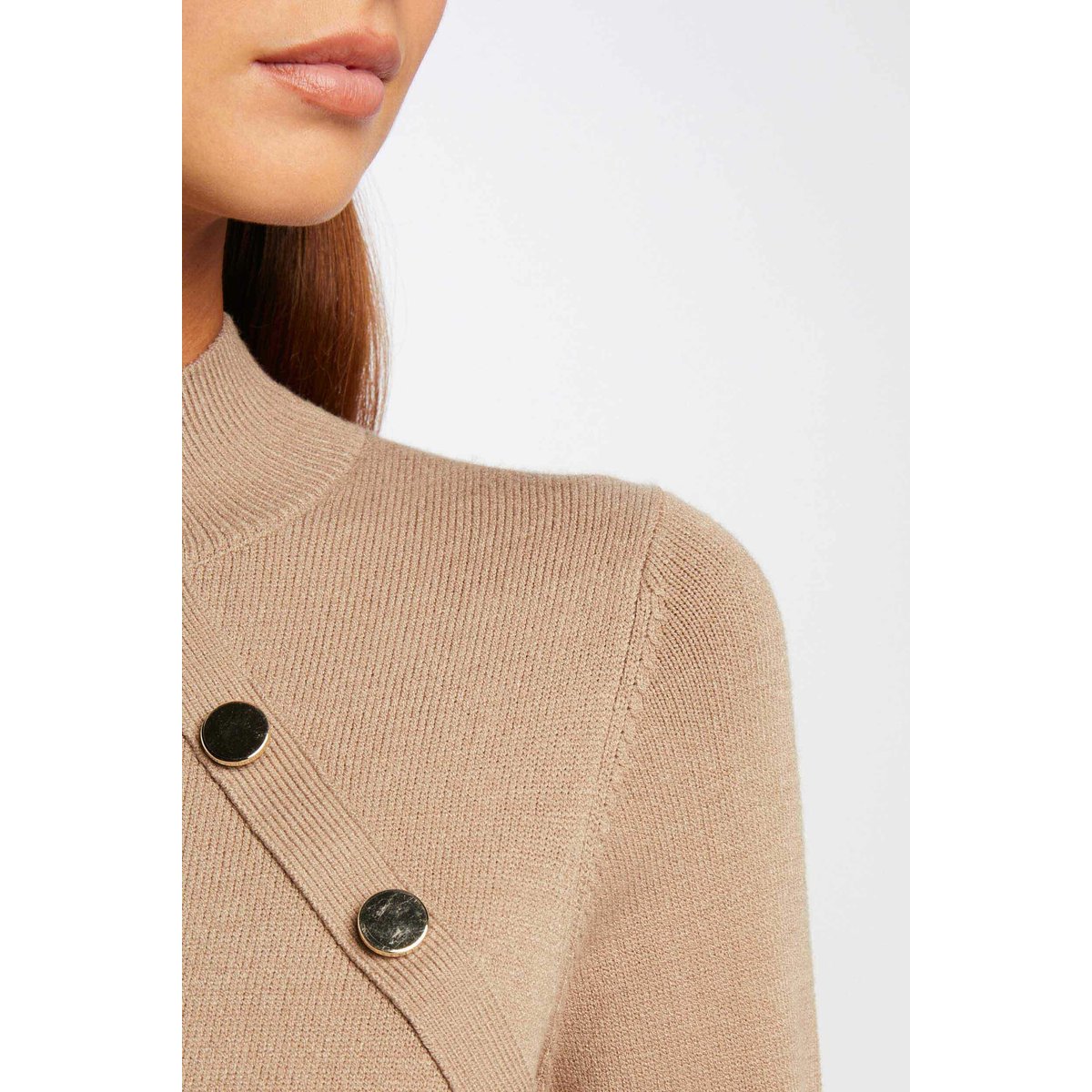 Pull manches longues boutons décoratifs taupe, MORGAN