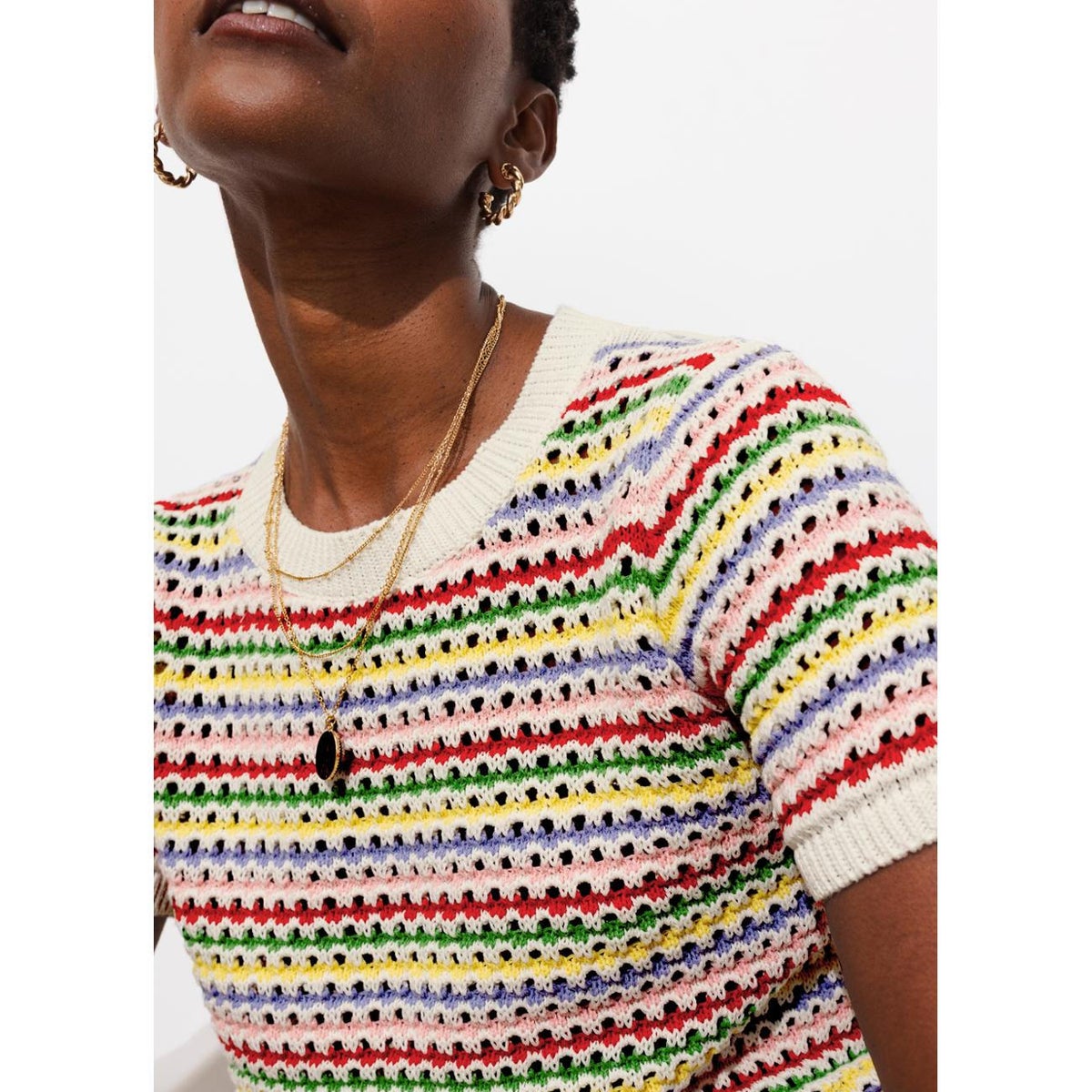 Pull rayé en crochet rayé écru, PROMOD