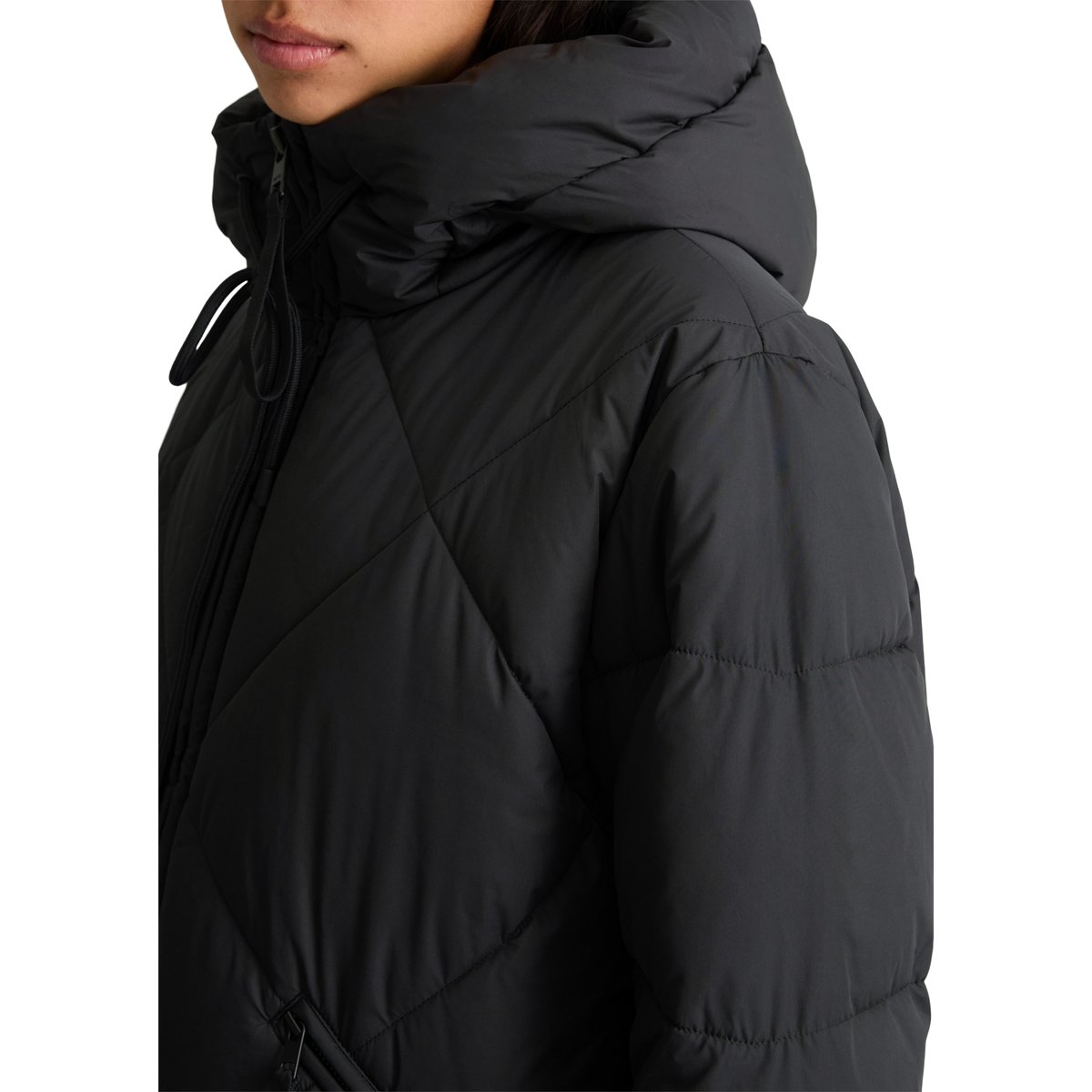 Veste matelassée longue à capuche, coupe décontractée en polyester recyclé noir, MARC O’POLO DENIM