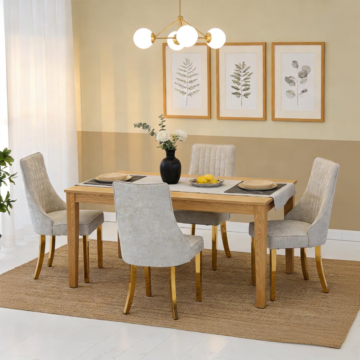 Lot de 4 chaises en tissu chenille avec pieds métal doré, GERRYC beige, MEUBLES COSY