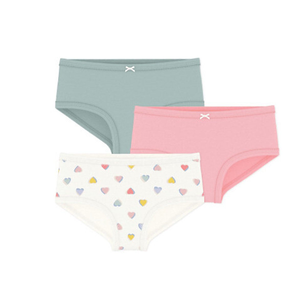 Lot de 3 culottes, taille haute blanc + rose + vert, PETIT BATEAU