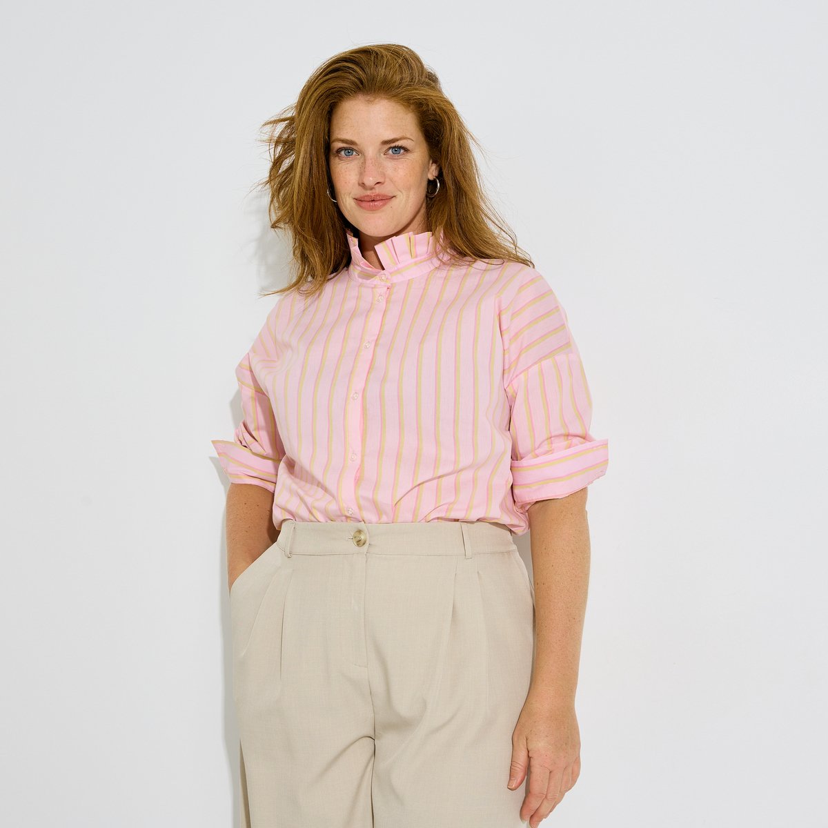 Chemise rayée col volanté rose pink, GRAIN DE MALICE