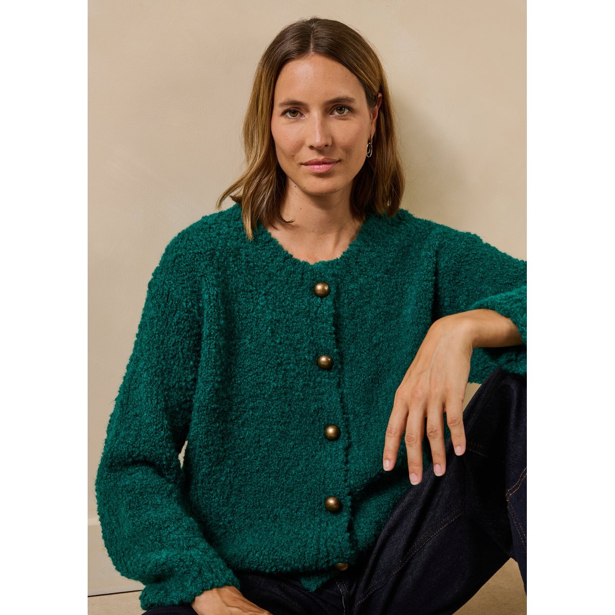 Gilet en maille bouclette col rond emeraude, LA FEE MARABOUTEE