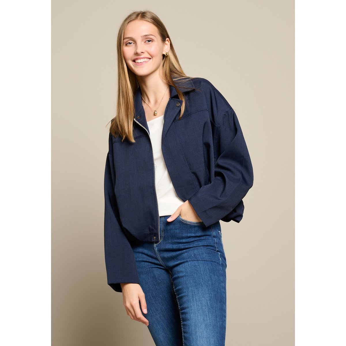 Bomber fluide zippé bleu marine, LOLALIZA