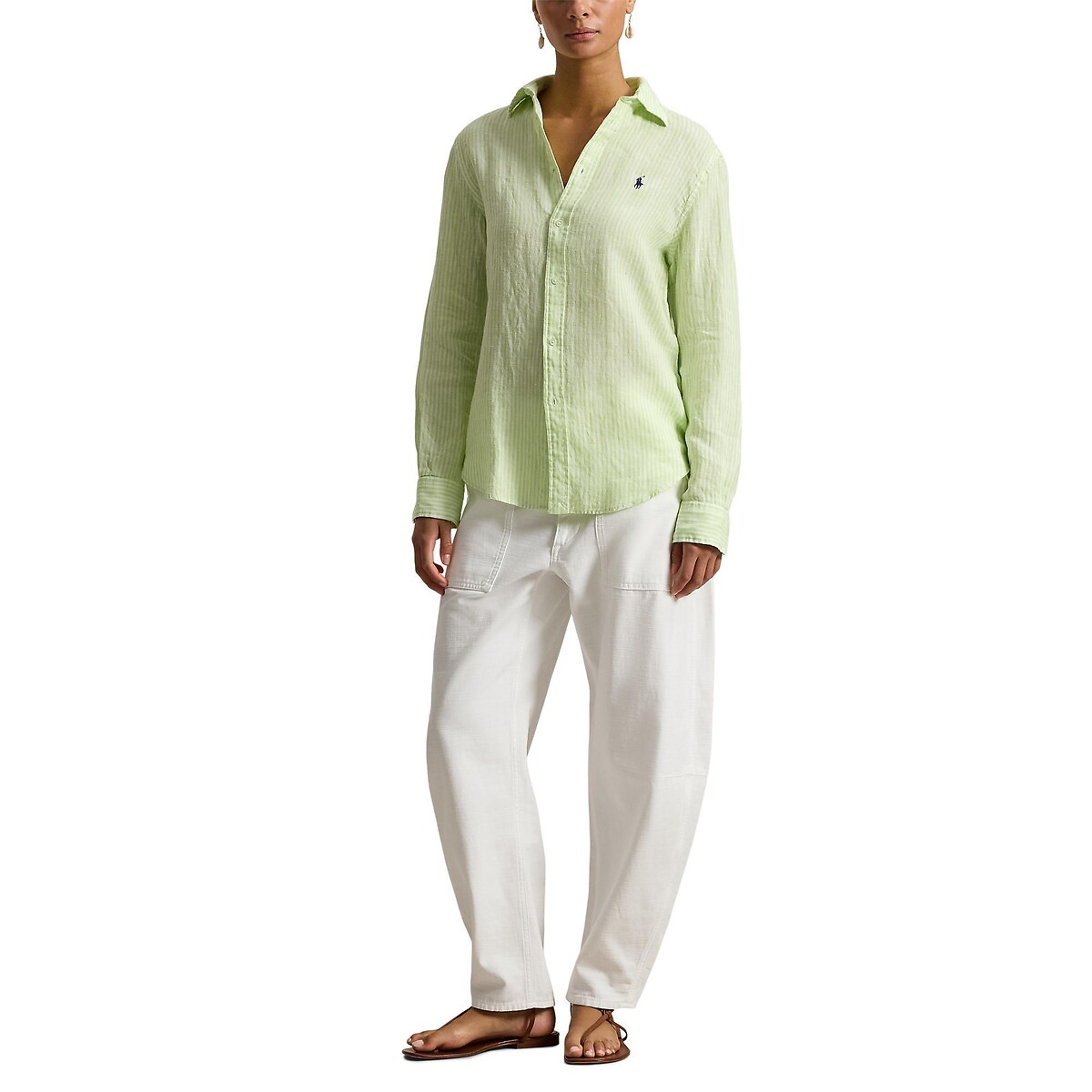 Chemise rayée en lin, à manches longues rayé vert/blanc, POLO RALPH LAUREN