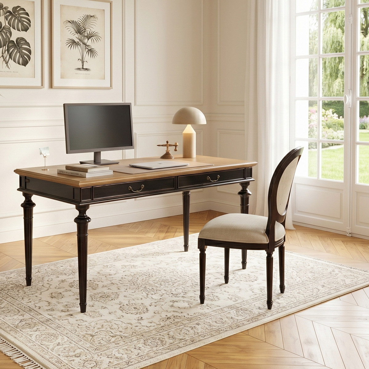 Bureau noir style shabby chic, plateau en chêne, 2 tiroirs YVAN noir, ROBIN DES BOIS
