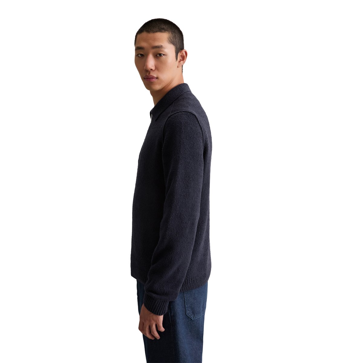 Pull-over en tricot bouclette relaxed en coton bio bleu foncé, MARC O’POLO DENIM