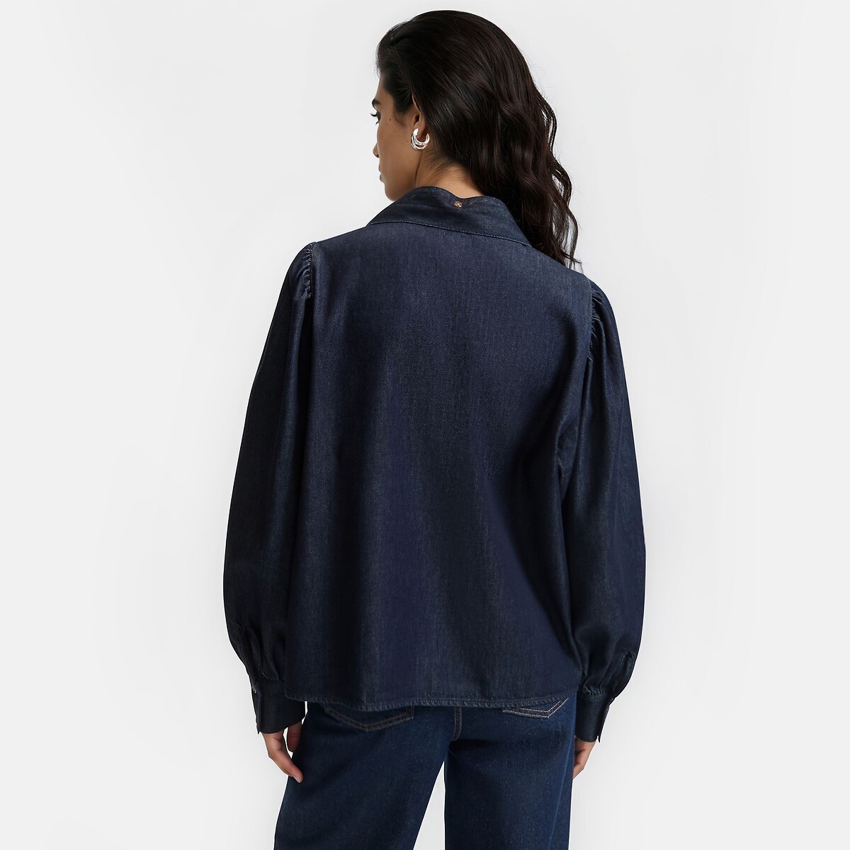 Chemise en denim, col mao, lavallière amovible bleu brut, LA REDOUTE COLLECTIONS
