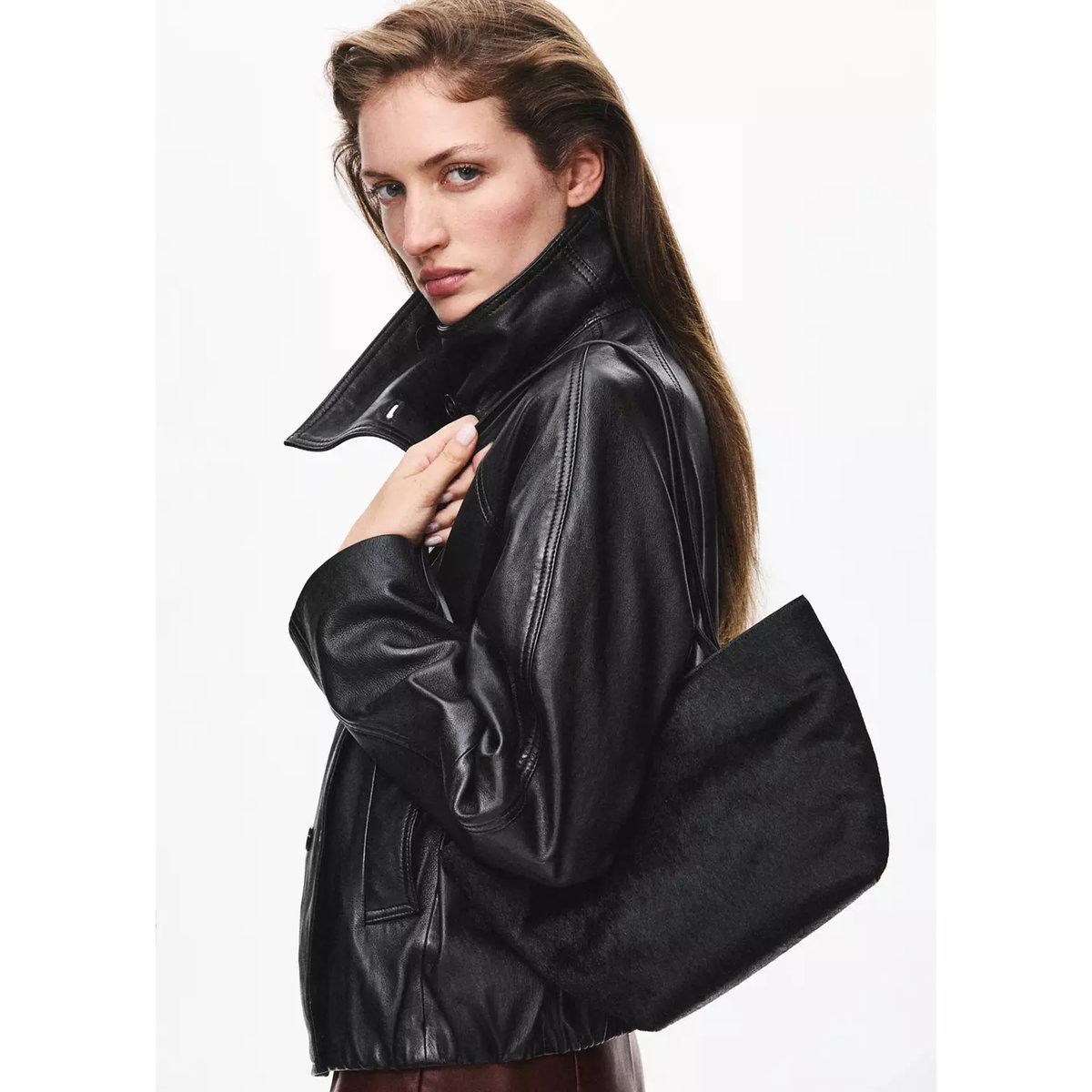 Sac porté épaule cuir imitation fourrure noir, MANGO