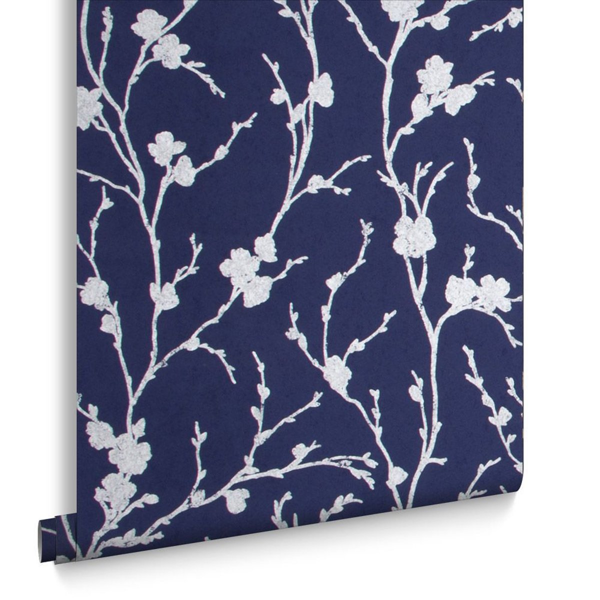 Papier peint Branches fleuries Meiying Midnight bleu marine et argenté, GRAHAM ET BROWN