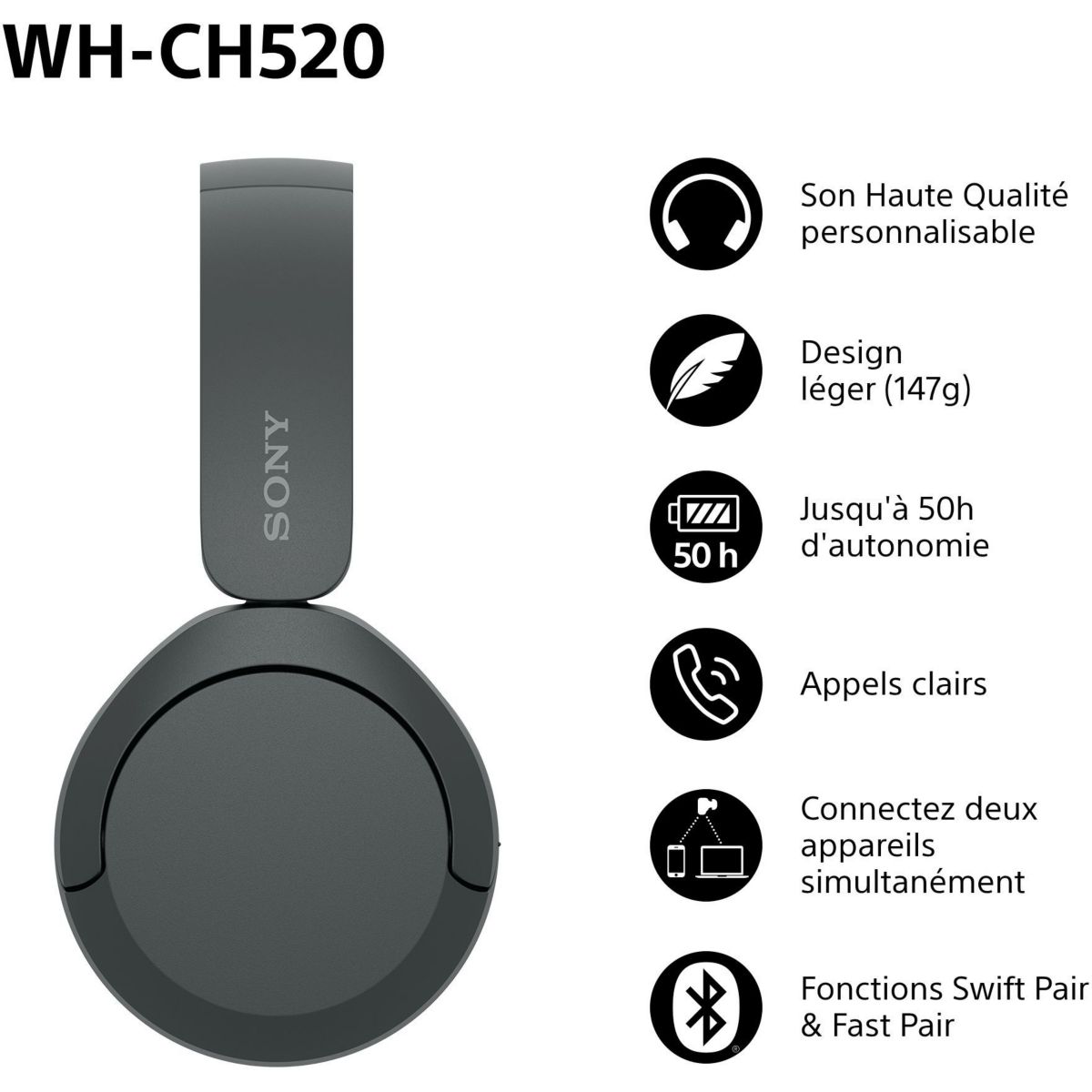 Casque WH-CH520 Noir noir, SONY