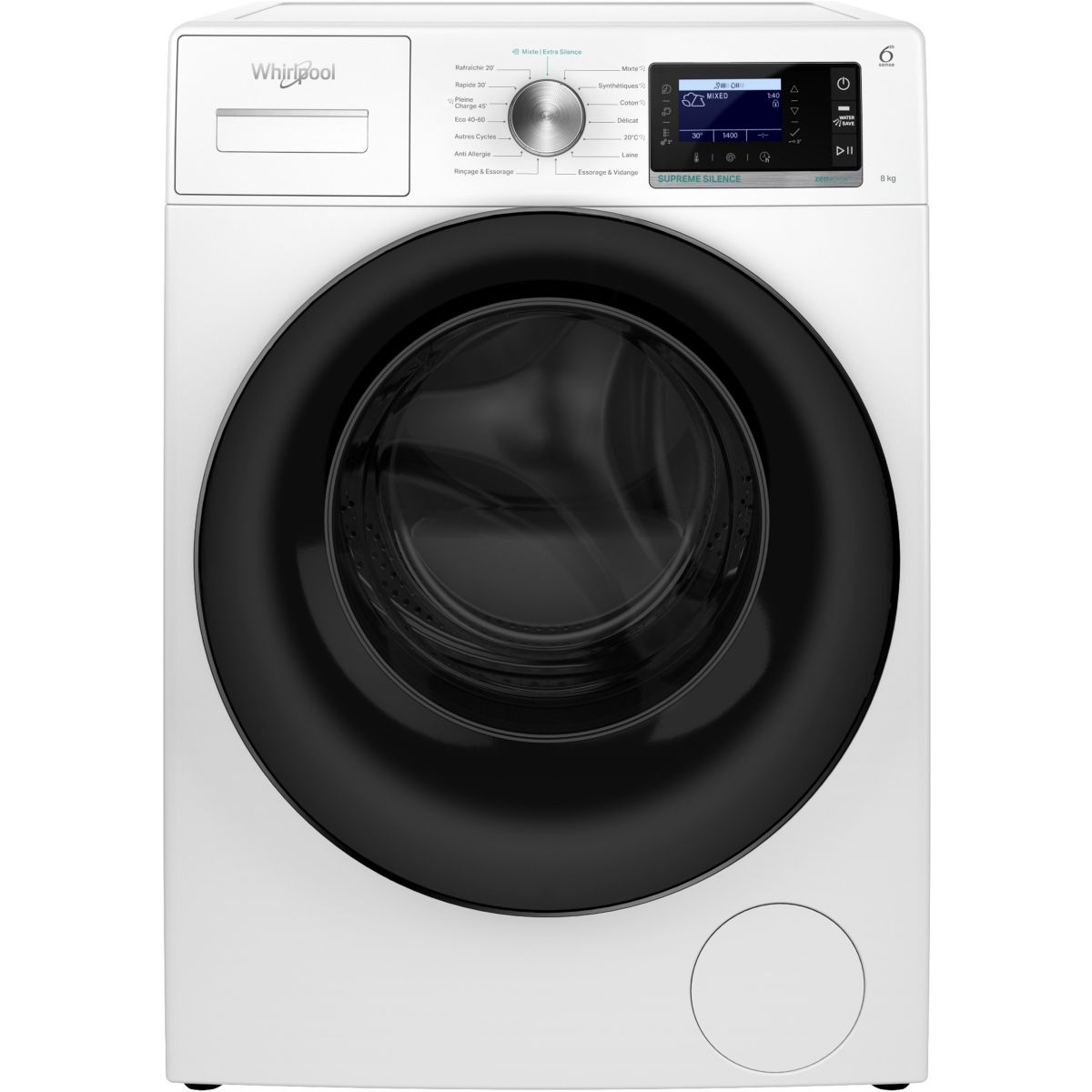 Lave linge hublot W7X89B - 8kg - 1400 trs - Moteur induction à entraînement direct (sans courroie) couleur unique, WHIRLPOOL
