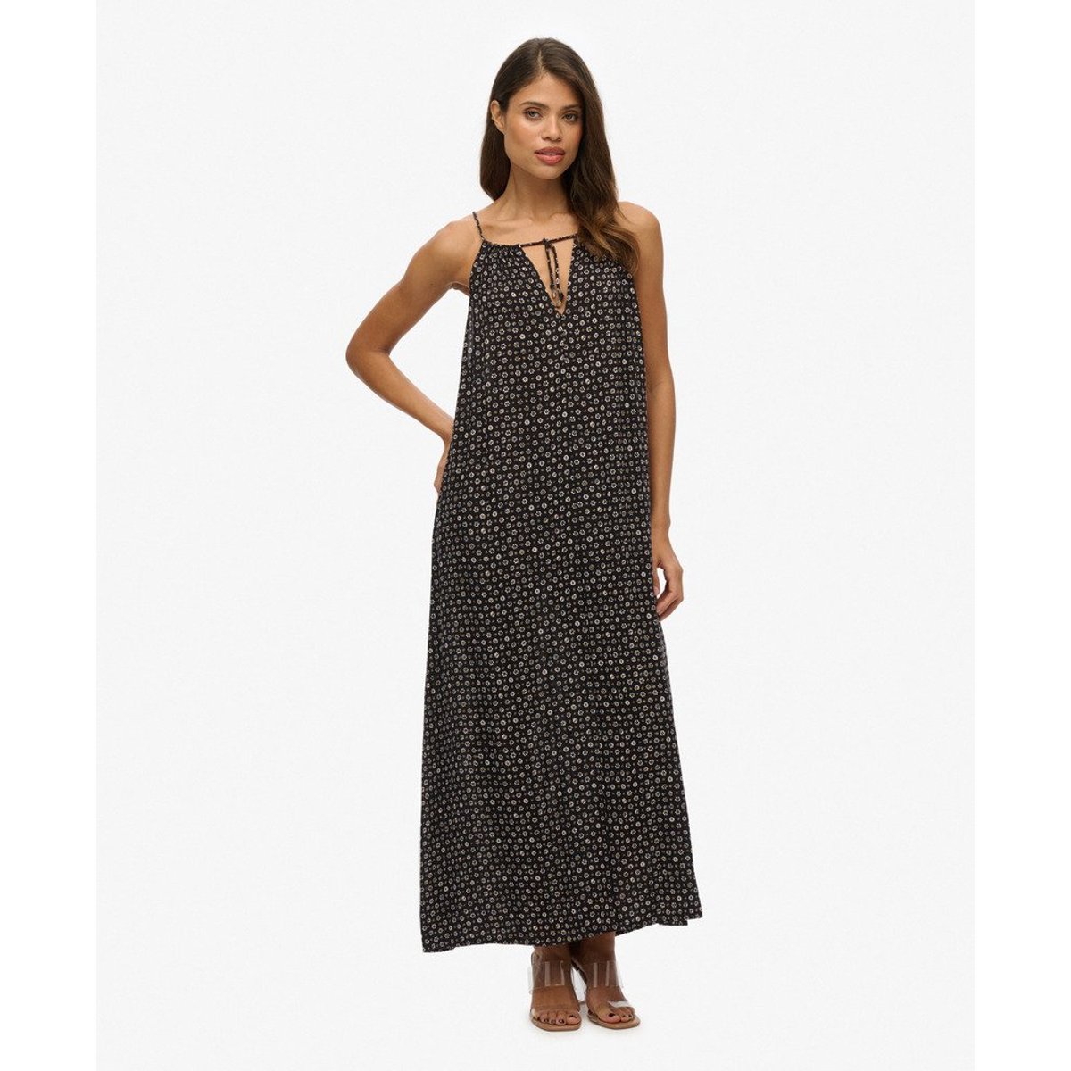 Robe longue caraco de plage noir à pois et pâquerettes, SUPERDRY