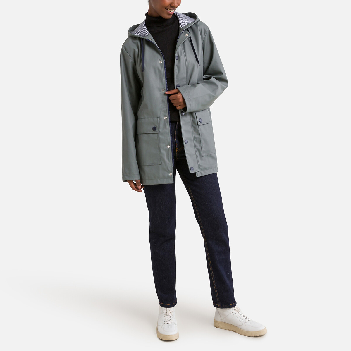 Impermeável icónico, com capuz verde, PETIT BATEAU