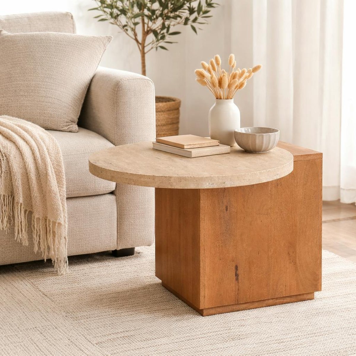 Petite table basse travertin et bois design DUOMO beige, PIER IMPORT