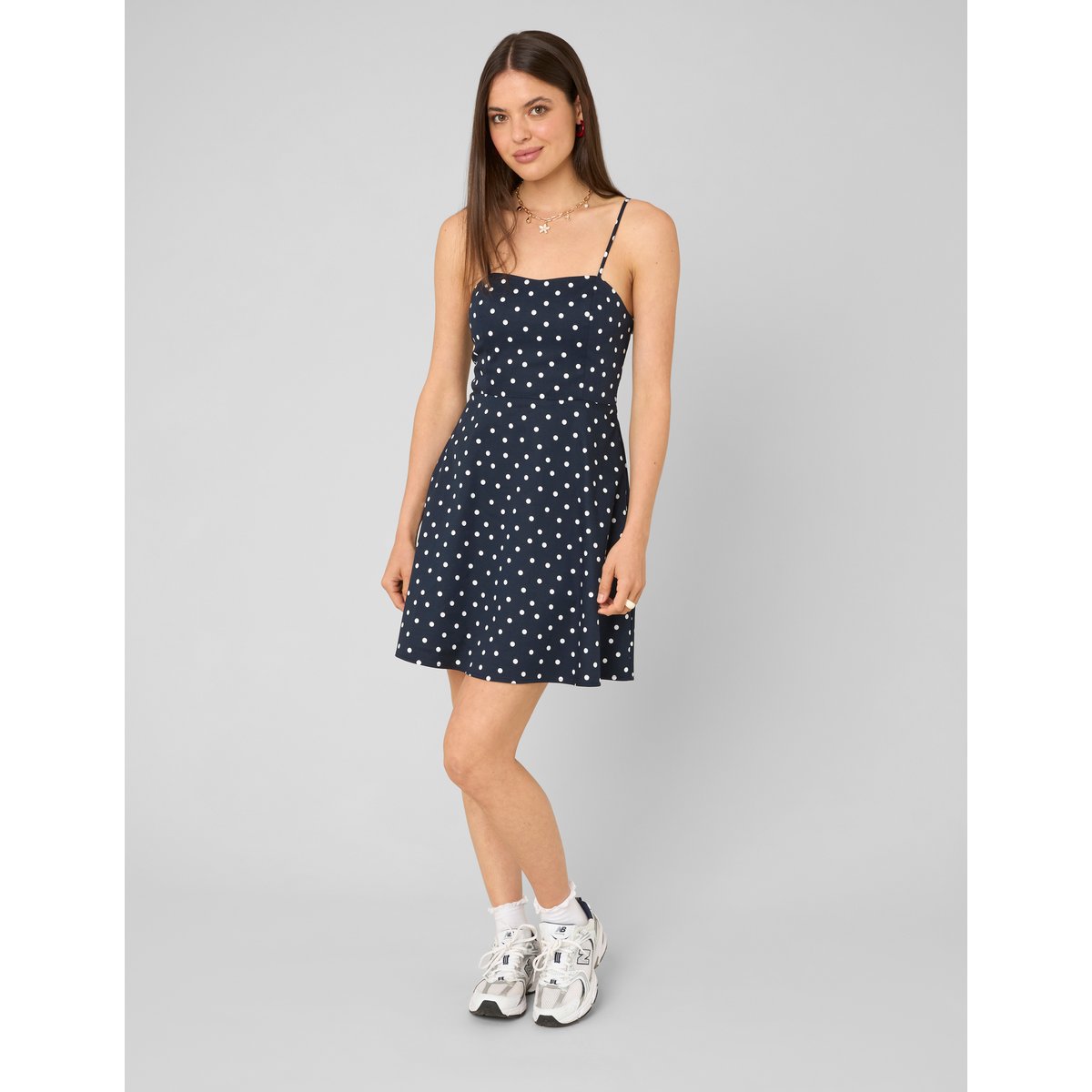 Robe à bretelles pois bleu foncé, BZB