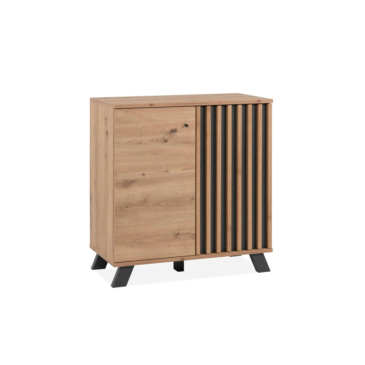 Petit buffet moderne 1 porte noire rainurée ALVA bois naturel, PIER IMPORT