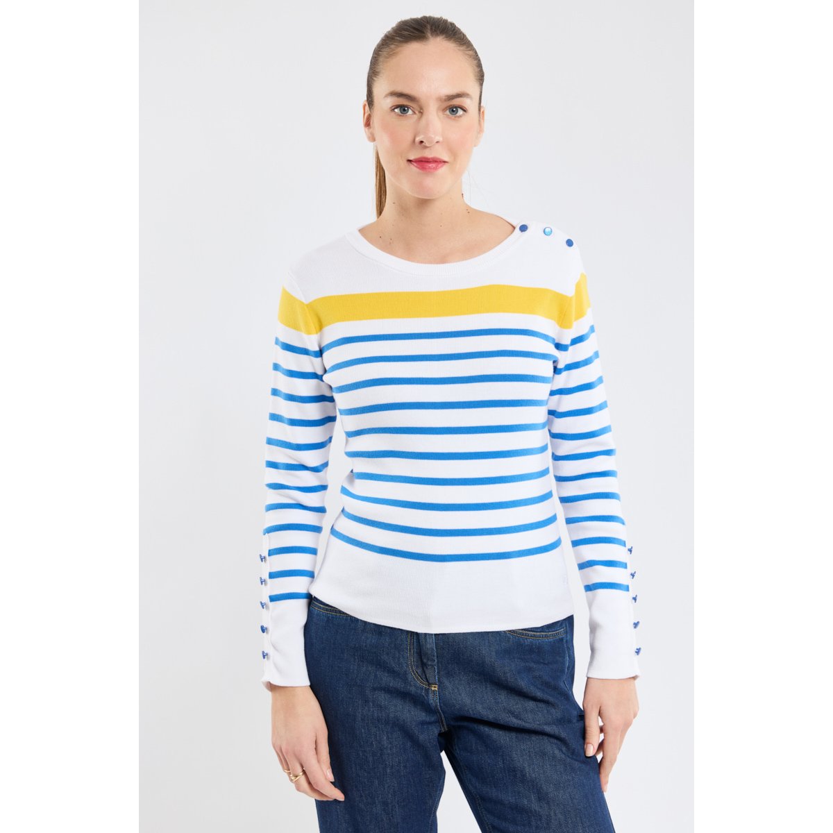 Pull marin manches boutonnées en coton blanc/blue saphir/snapdrag, ARMOR-LUX