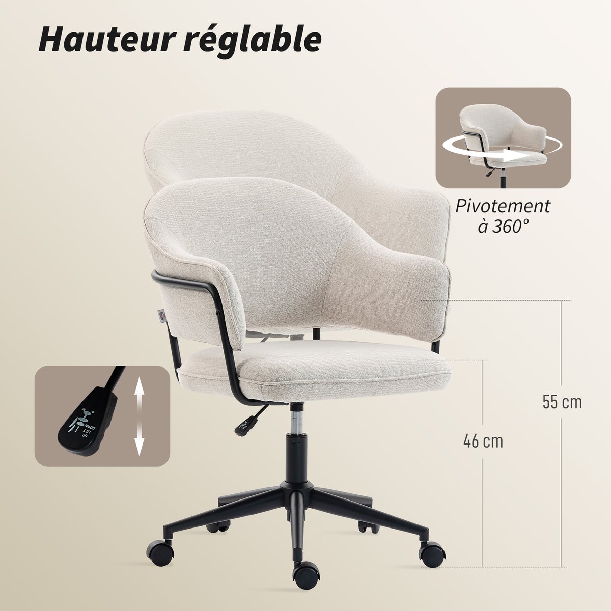 Chaise de bureau Lin (100% polyester) Blanc blanc crème, HOMCOM