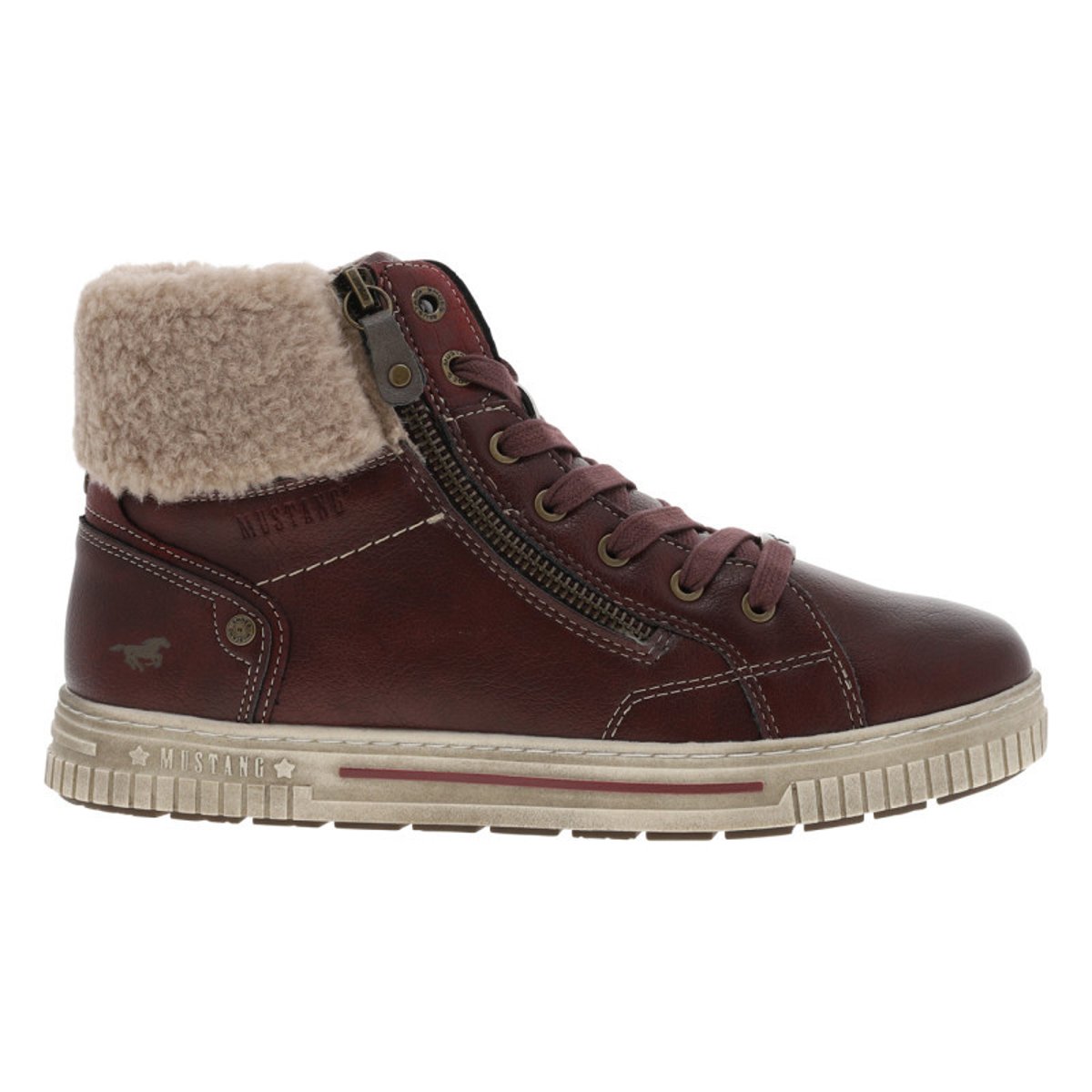 Tennis brunes à talon plat avec des lacets et un zip latéral bordeaux, MUSTANG