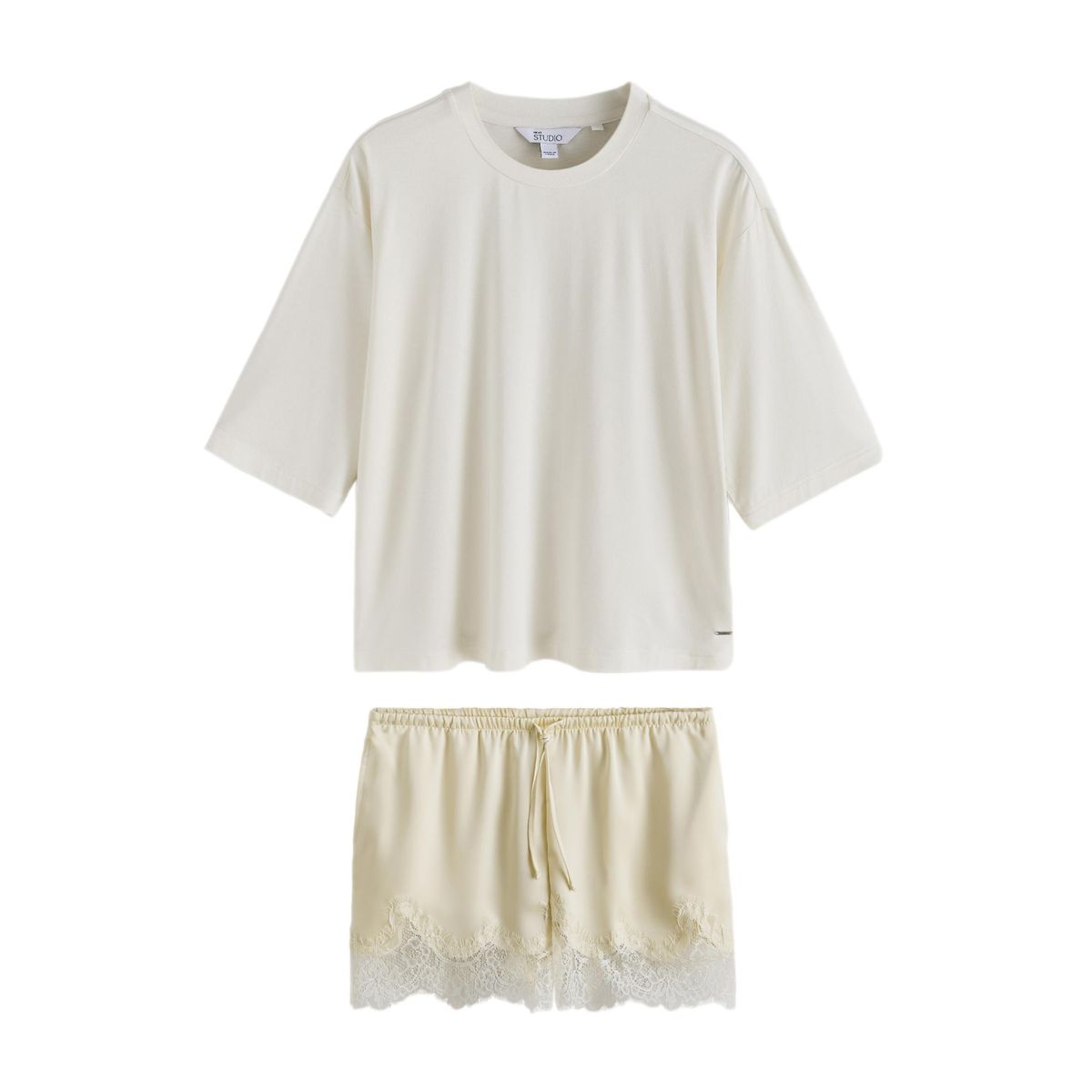 Ensemble pyjama short à détails dentelle crème/jaune, NEXT